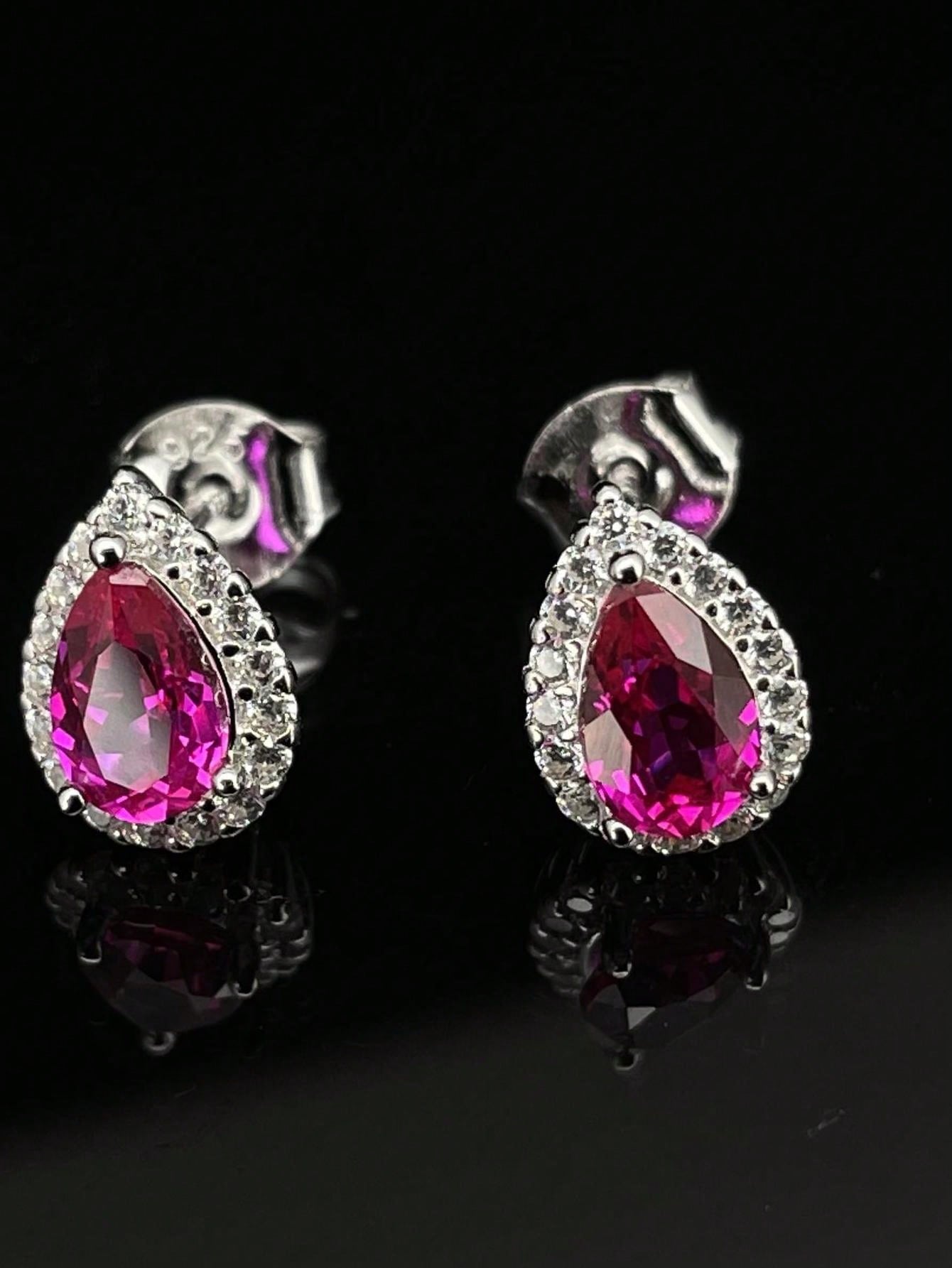 Women's Fashionable 925 Silver Gemstone Earrings-Red-1