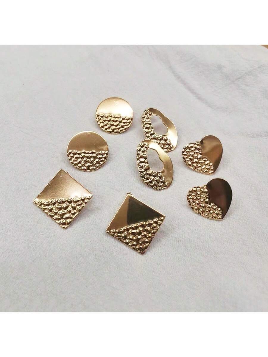 1pair Minimalist & Fashionable Stainless Steel Ear Stud With Half Embossed Geometric Texture-Yellow Gold-1