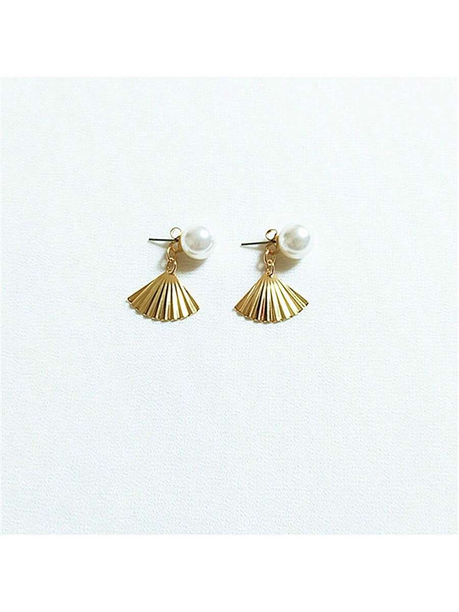 1pair Elegant & Versatile Pearl Fan Shaped Drop Earrings For Women's Daily Wear-Gold-1