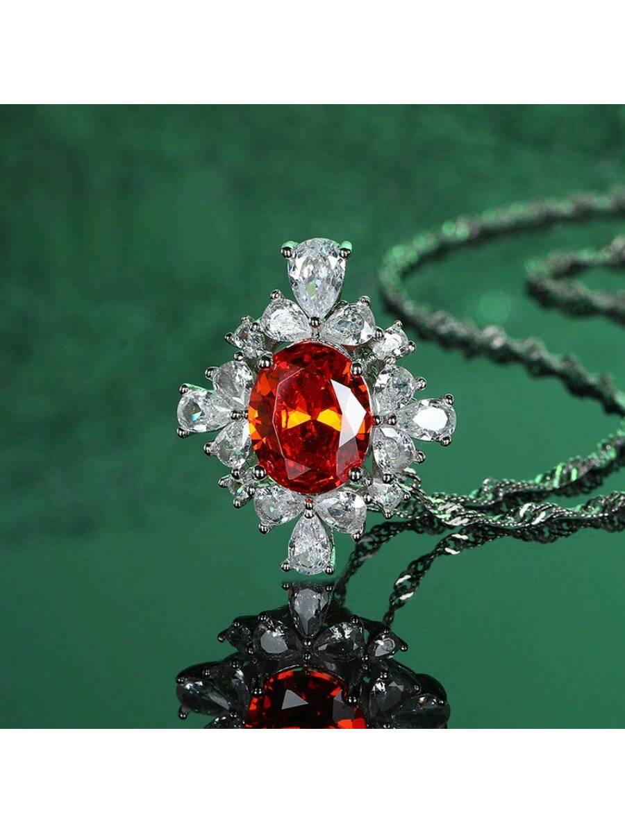 Ruby Necklace High-End Luxury Red Gemstone Pendant S925 Silver Full Diamond Imitation Valentine's Day Gift Female Red Diamond Jewelry-Red-1