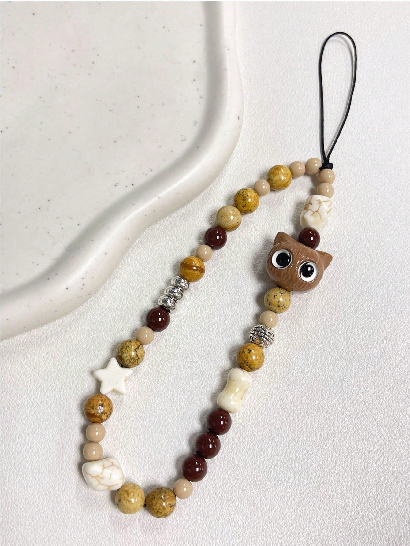 Vintage & Lovely Ceramic Cat Handmade Diy Beaded Phone Strap/Ccd Camera Rope Best Friend Pendant-Brown-1