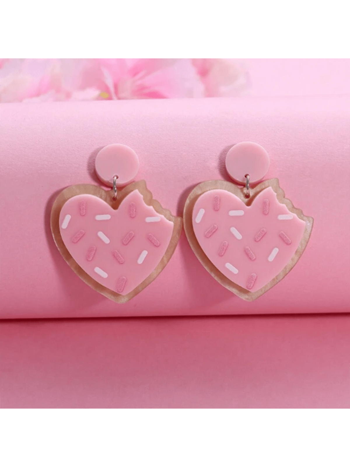 1Pair Valentines Day Pink Heart Cookie Drop Earring Jewelry For Women-Pink-1