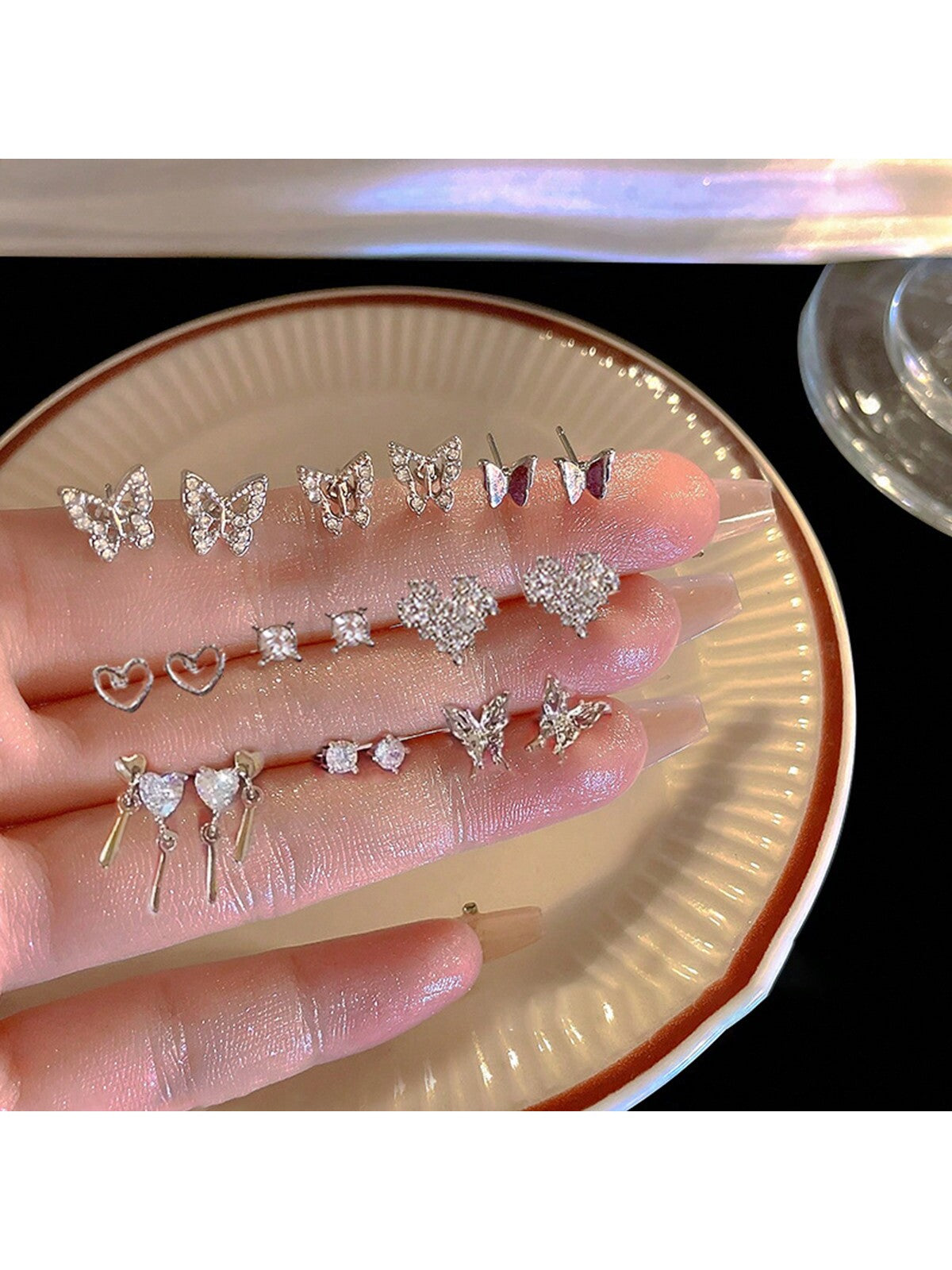 18pcs/Set Y2k Korean Style Heart & Butterfly & Rhinestone Decor Stud Earring Set For Women, Dating, Holiday, Valentine's Day Gift-Silver-1