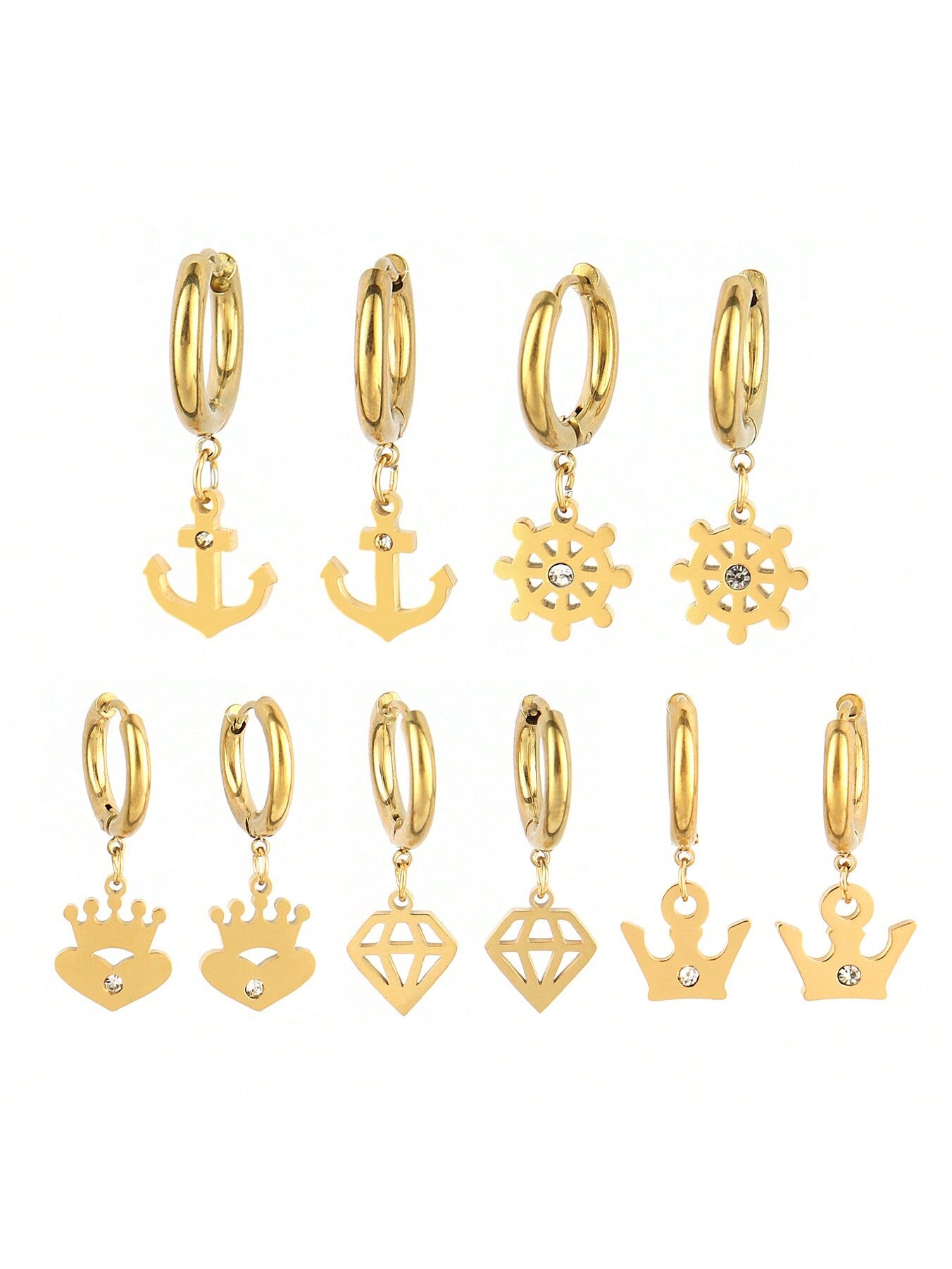 1 Pair Stainless Steel Heart Crown Earrings&Anchor Rudder Charm Earrings Hoop Earrings For Women Best Friend Gifts--1