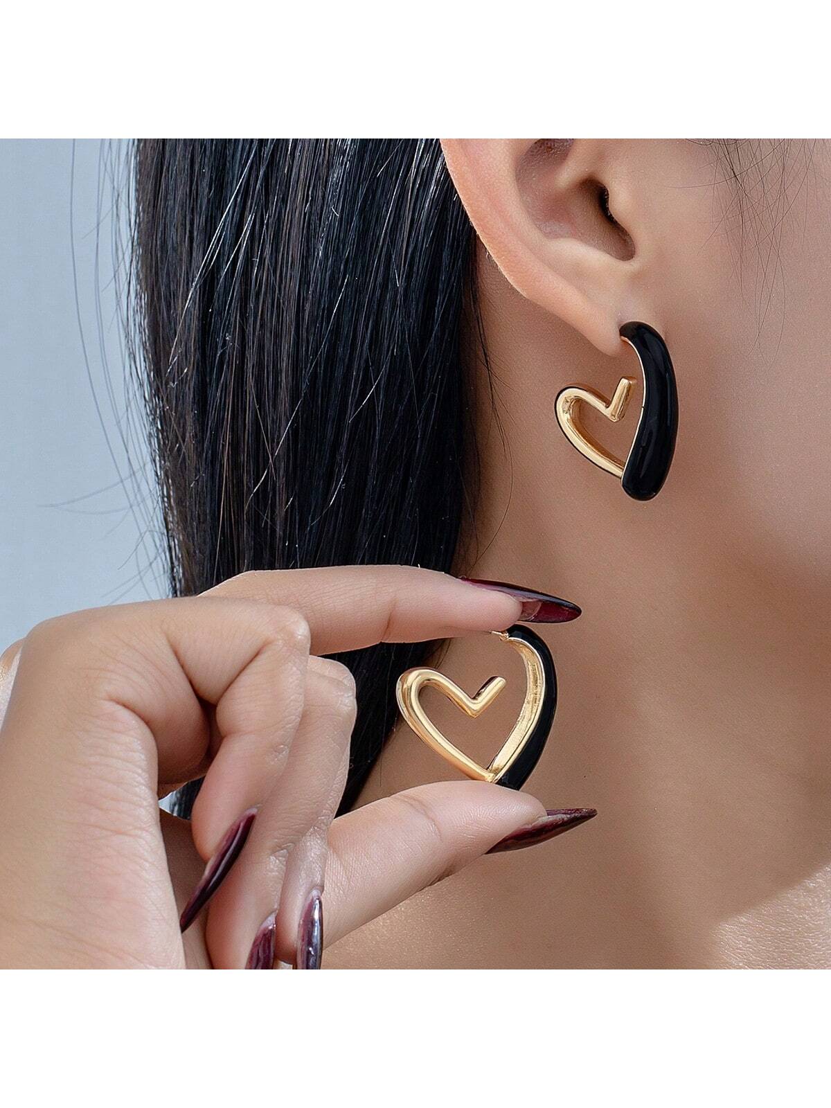 1pair Women's Enamel Heart Shaped Valentine's Day Daily Wear Stud Earrings-Black-1