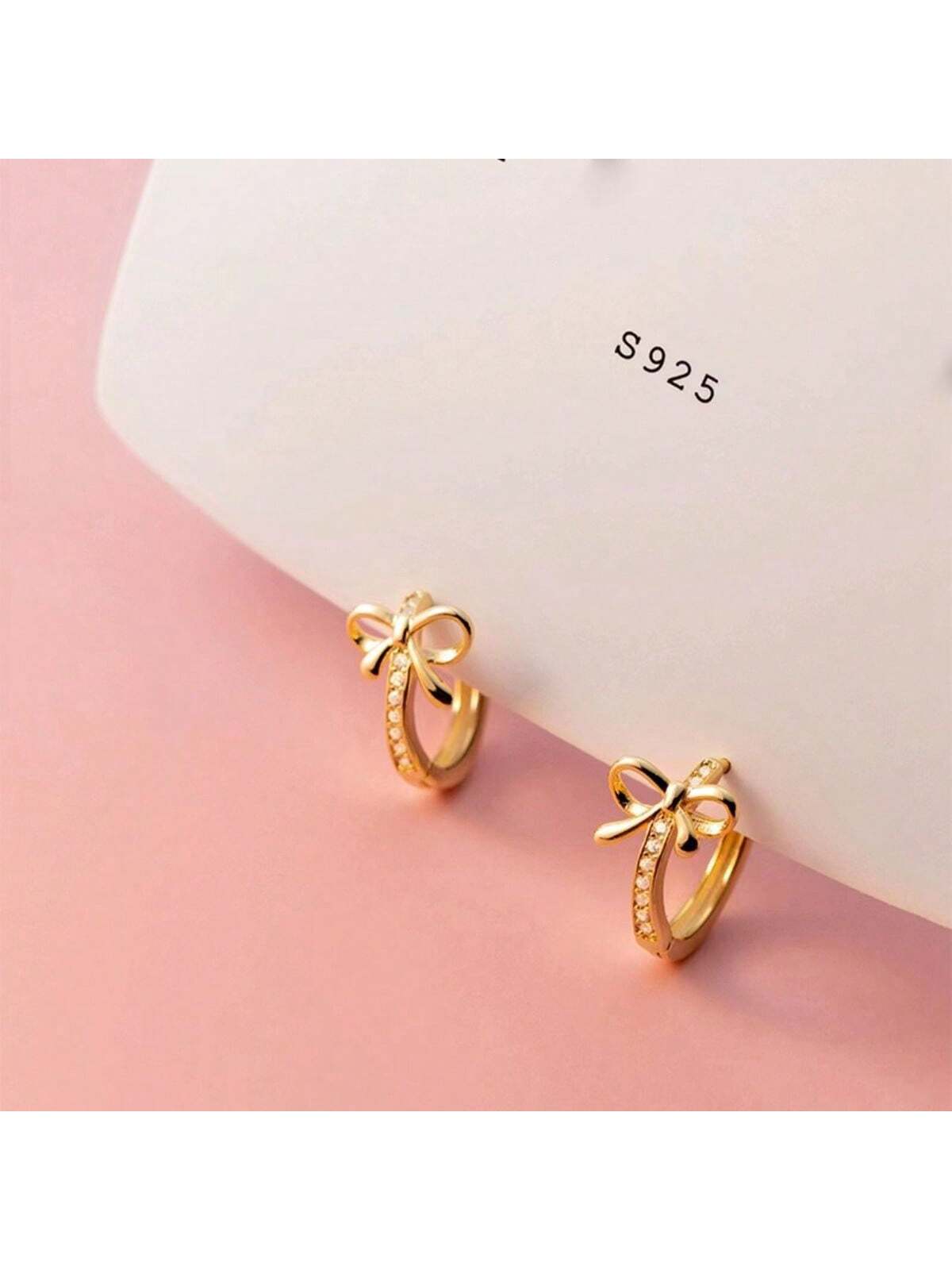 S925 Sterling Silver Elegant Bowknot Design Earrings With Micro Inlaid Diamond Decoration, Fashionable And Versatile Accessories-Gold-1