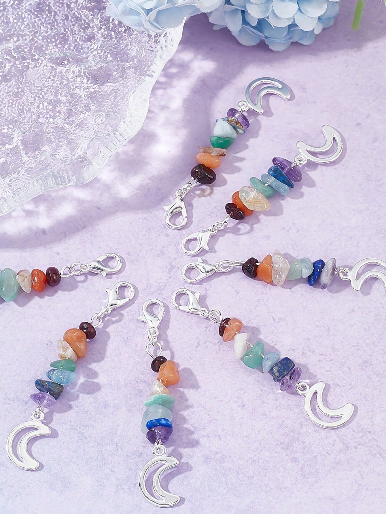 10Pcs Chakra Theme Moon Pendant, Natural Gemstone Pendant Decorations, With Alloy Lobster Claw Clasps-Multicolor-1