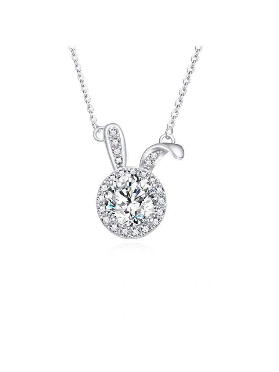 1pc Valentine's Day Gift Necklace With Cute Bunny Pendant, Mosanite Decoration, Stylish Clavicle Chain, 925 Silver-White-1