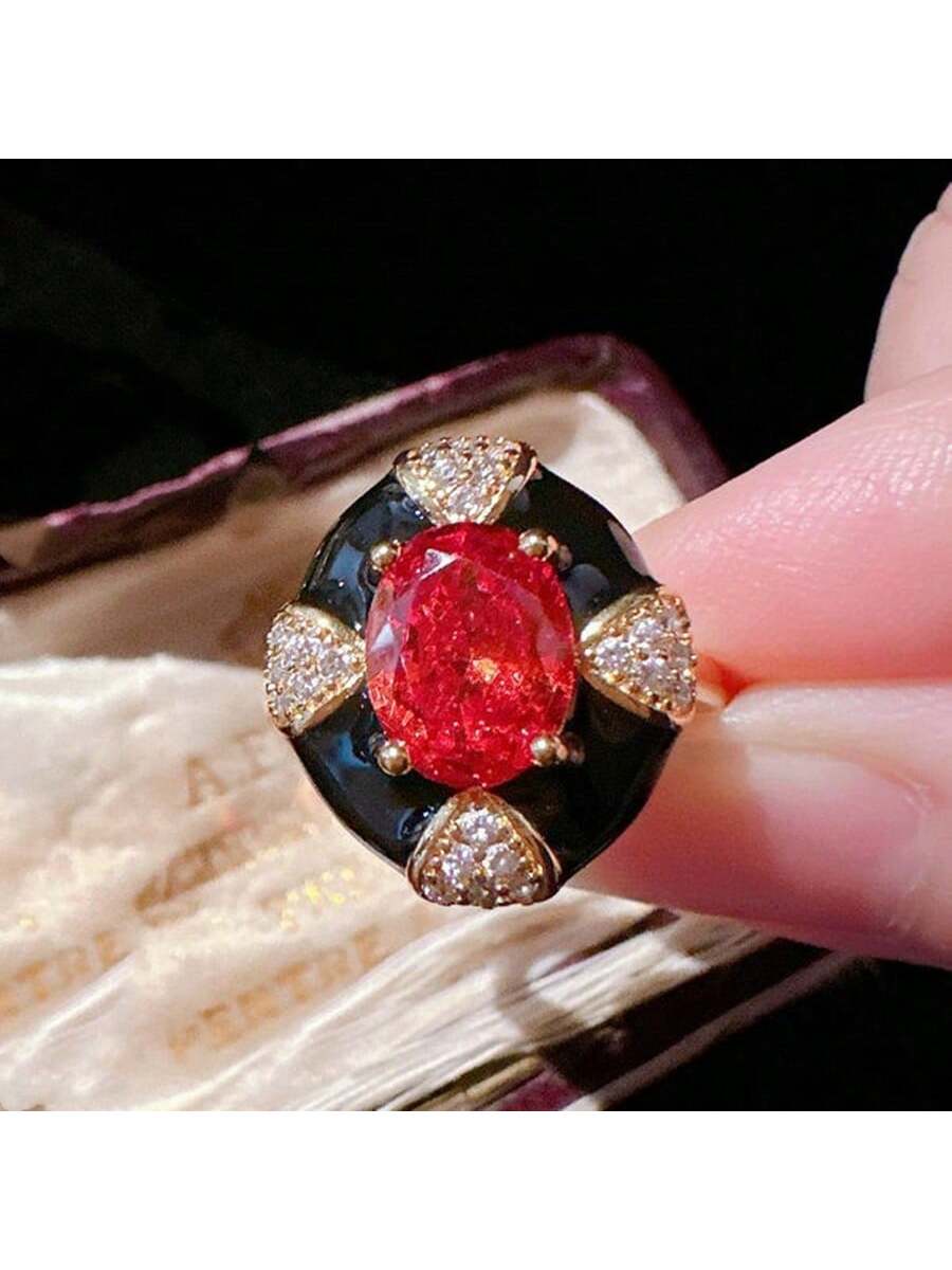 Women's Vintage Black Enamel Drip Glaze Red Delicate 18k Gold Plated Ring-Red-1