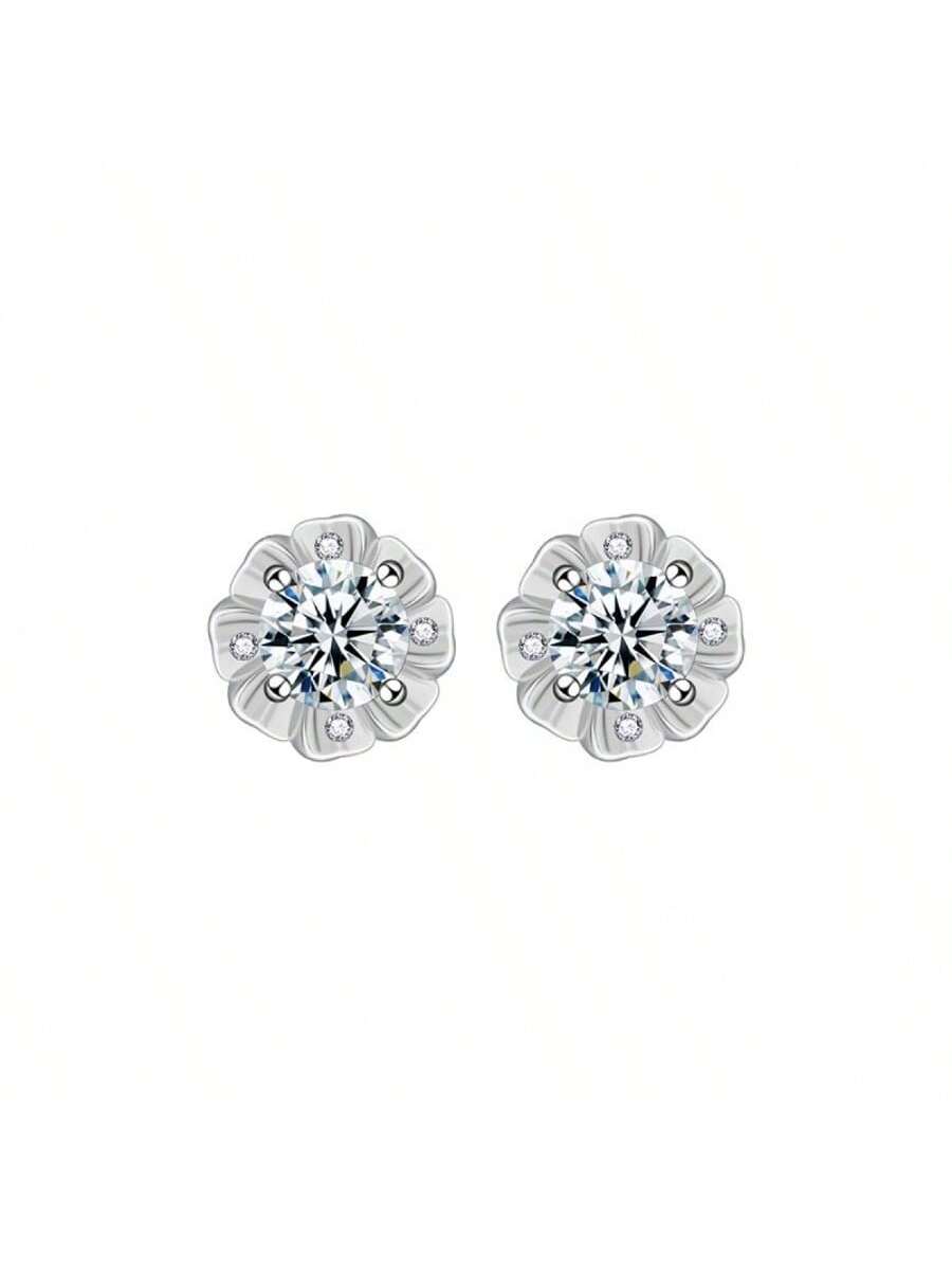 1pair Valentine's Day Gift Dainty Daisy Setting 4-Claw Mozambique Earrings 925 Sterling Silver Simple And Fresh Niche Ear Jewelry-White-1