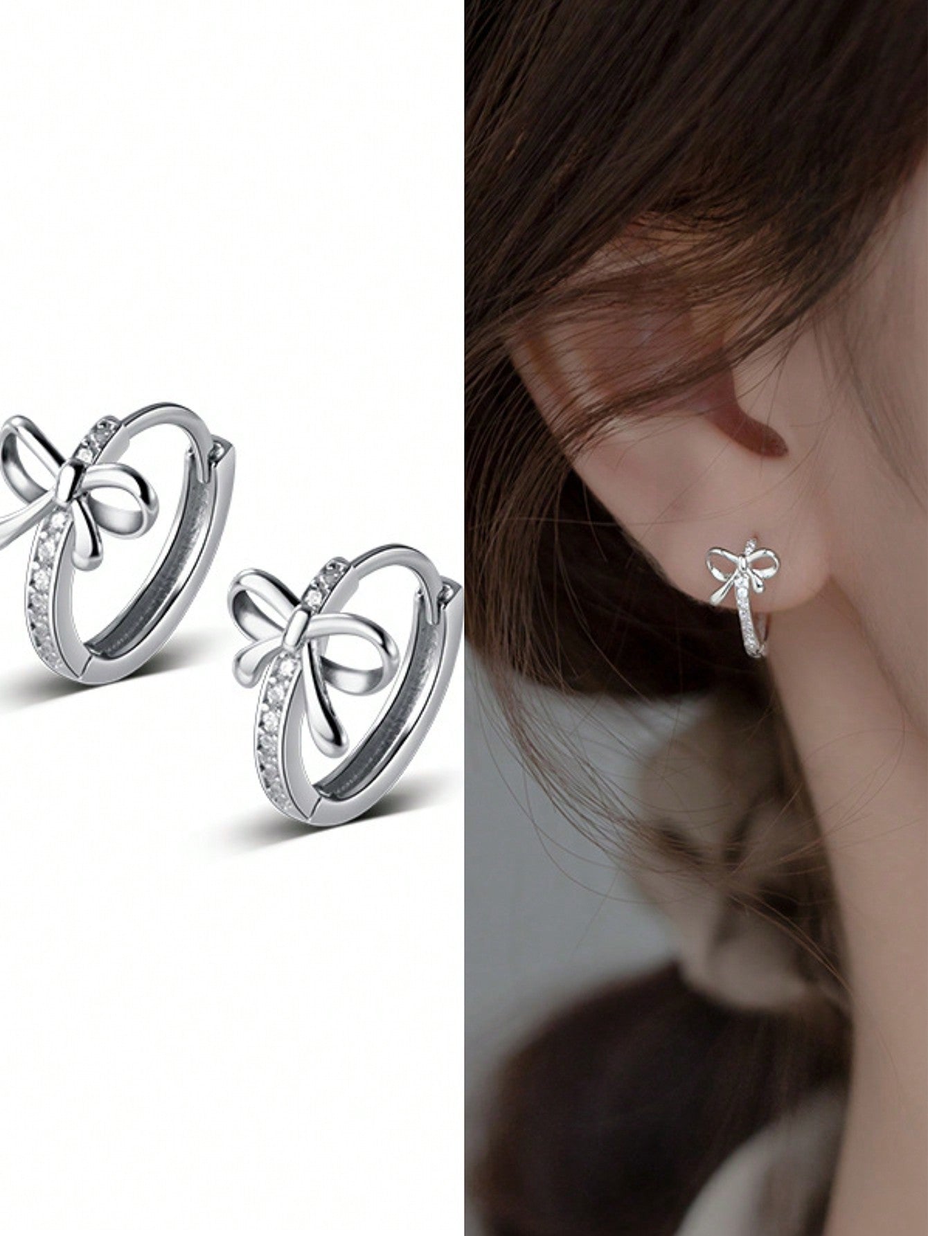 1 Pair Of Sweet Versatile S925 Sterling Silver Bow Zirconia Earrings As A Valentine's Day Gift For Women-Silver-1