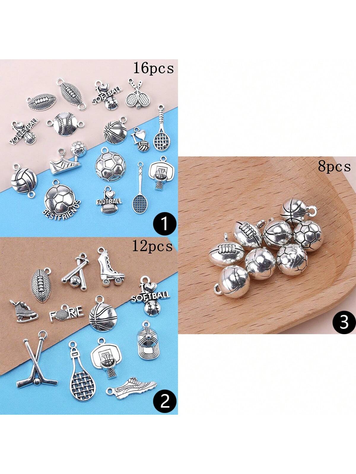 16/12/8pcs Randomly Mix Antique Alloy Silver Baseball Softball Rugby Tennis Sports Charms Pendants Spherical Pendants For Jewelry Making Findings Crafting Accessory For DIY Necklace Bracelet Keychain--1