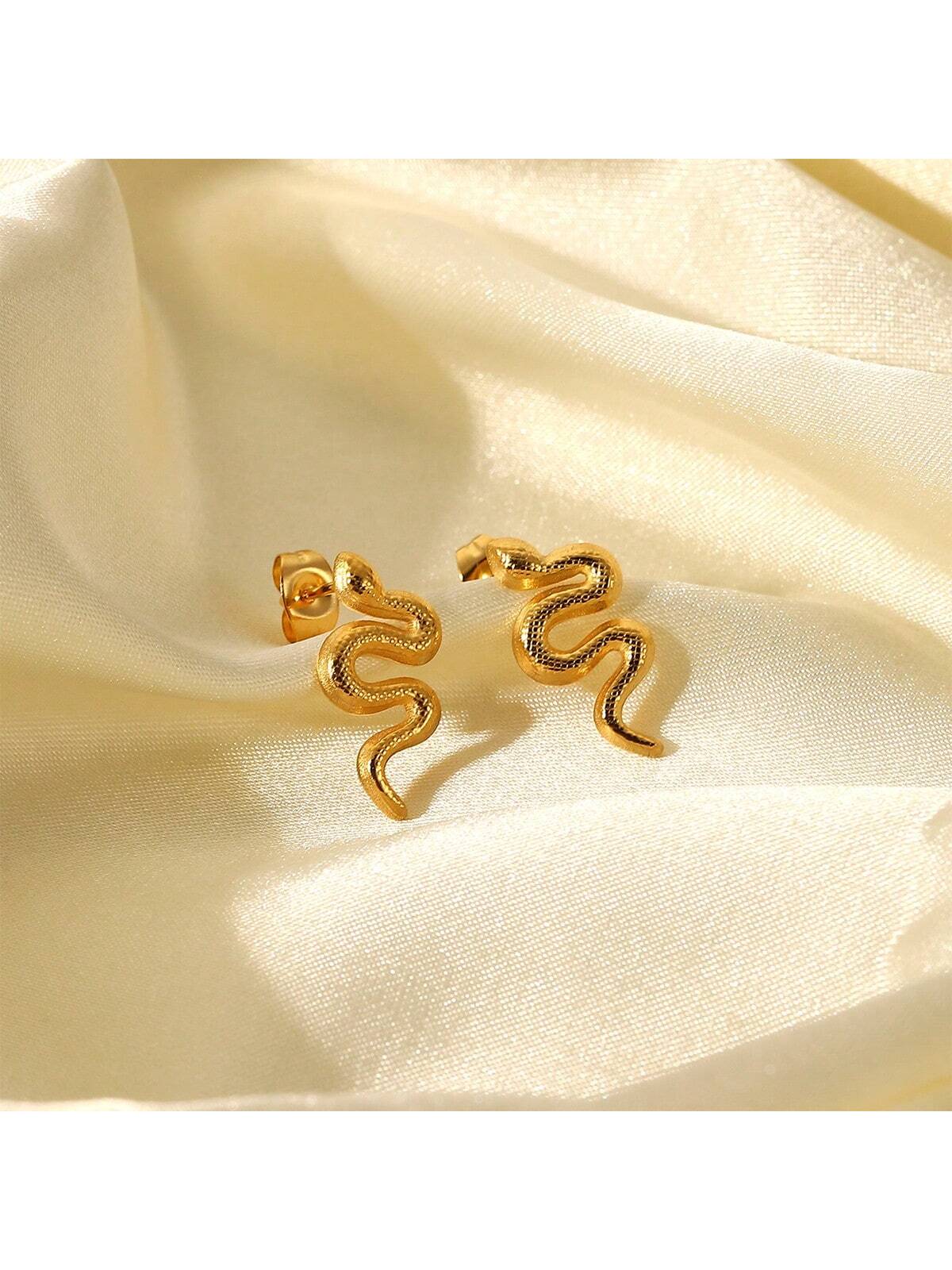 Western Style 18K Gold Plated 1pair Luxury Glamorous Funky Snake Stud Earrings For Women Stainless Steel Jewelry Fashion Valentine's Day Chinese New Year Best Friend Gifts--1