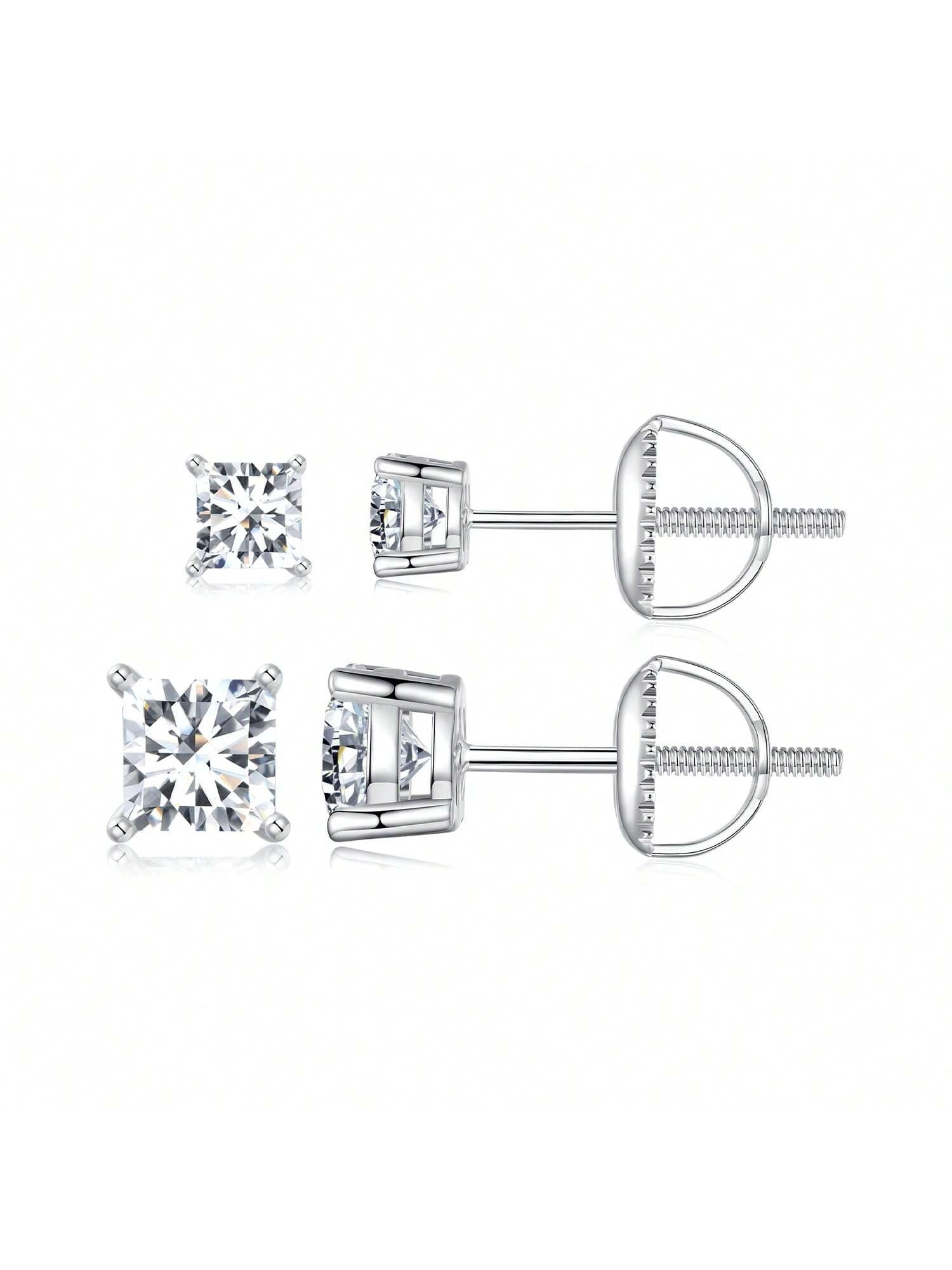 1 Pair 925 Sterling Silver Square Moissanite Stud Earrings Classic Laboratory Grown Diamond Earrings For Women Fine Jewelry Gift-Silver-1