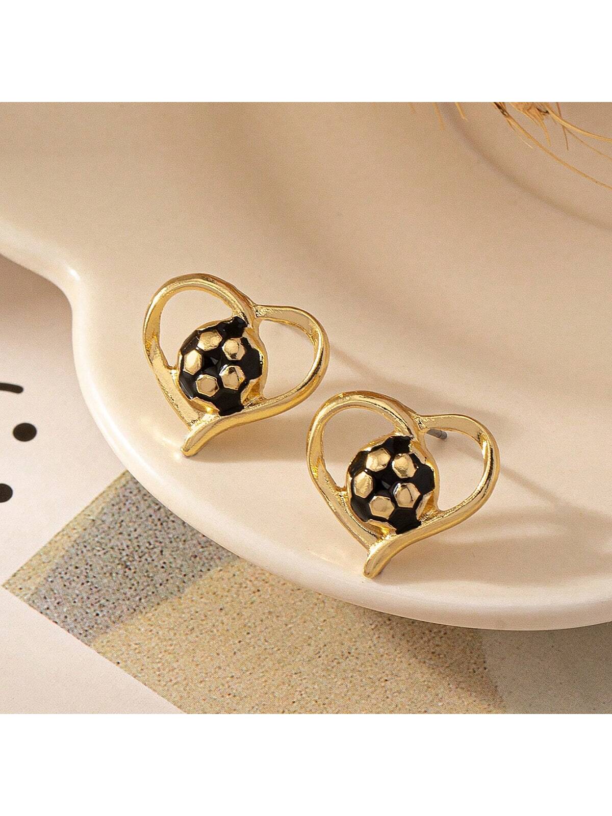 1pair Simple And Stylish Geometric Heart And Ball Shape Stud Earrings--1