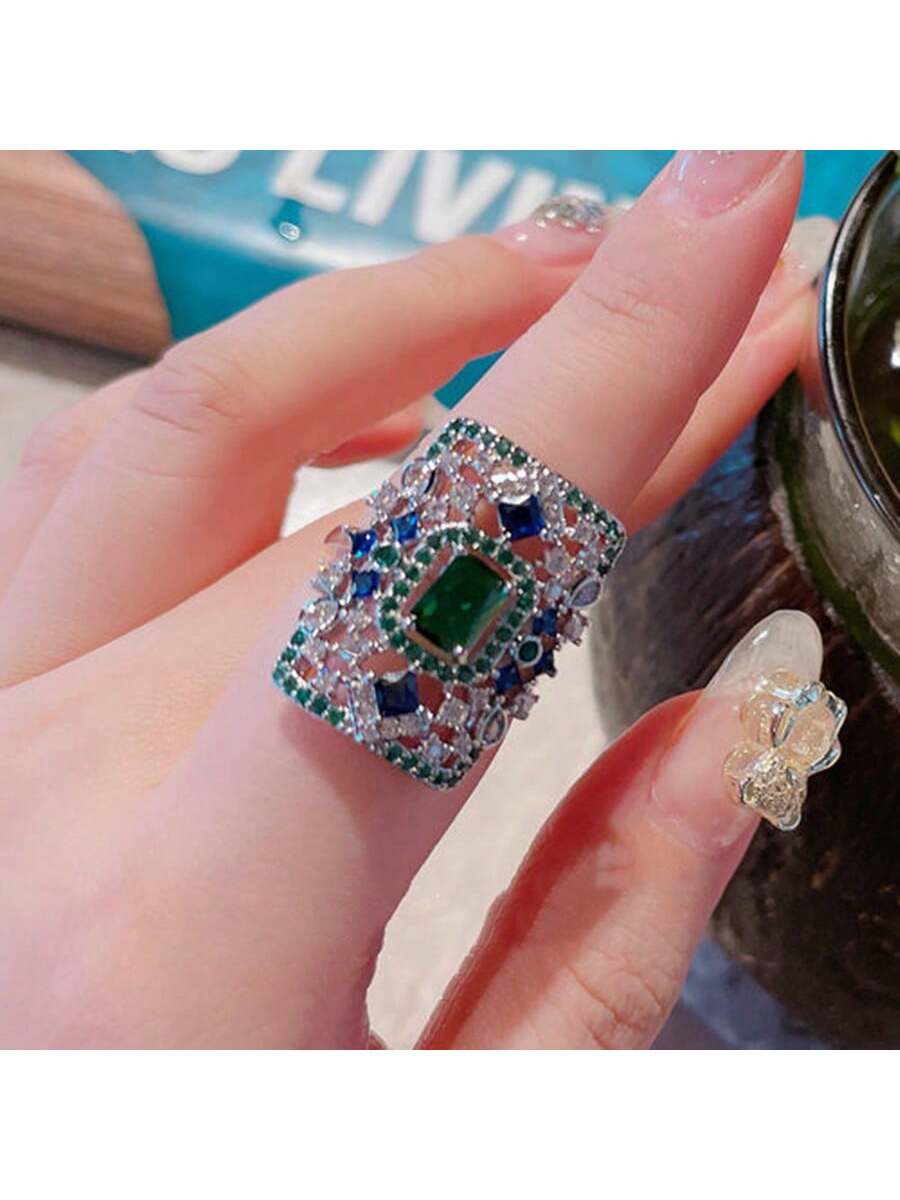 Vintage Women's Square Cubic Zirconia Inlaid White Gold Plated Fashion Open Ring-Green-1