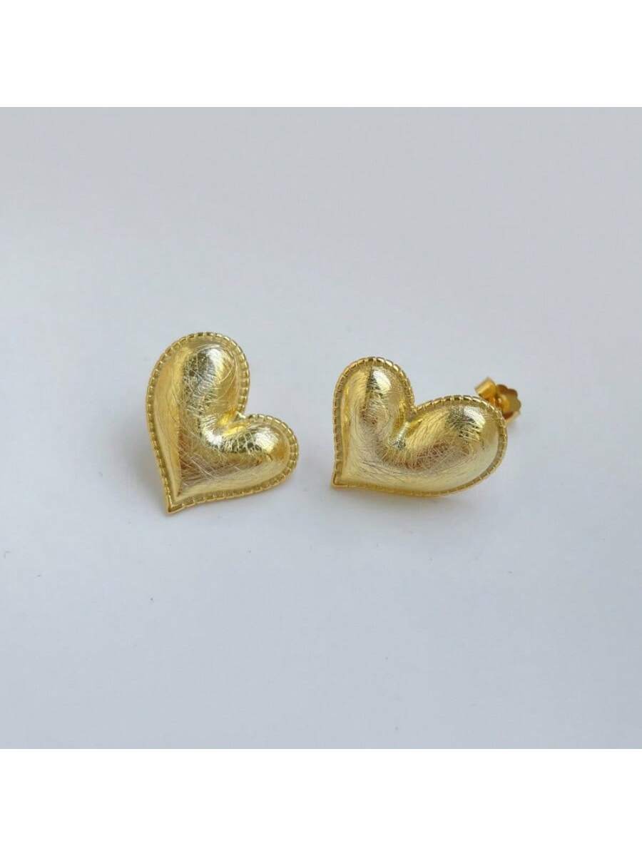 1 Pair 925 Sterling Silver Heart Shaped Asymmetric Stud Earrings For Women French Style Simple 3D Relief Shape Love Earrings 18k Gold Plating Valentine's Day Gift For Her-Yellow Gold-1