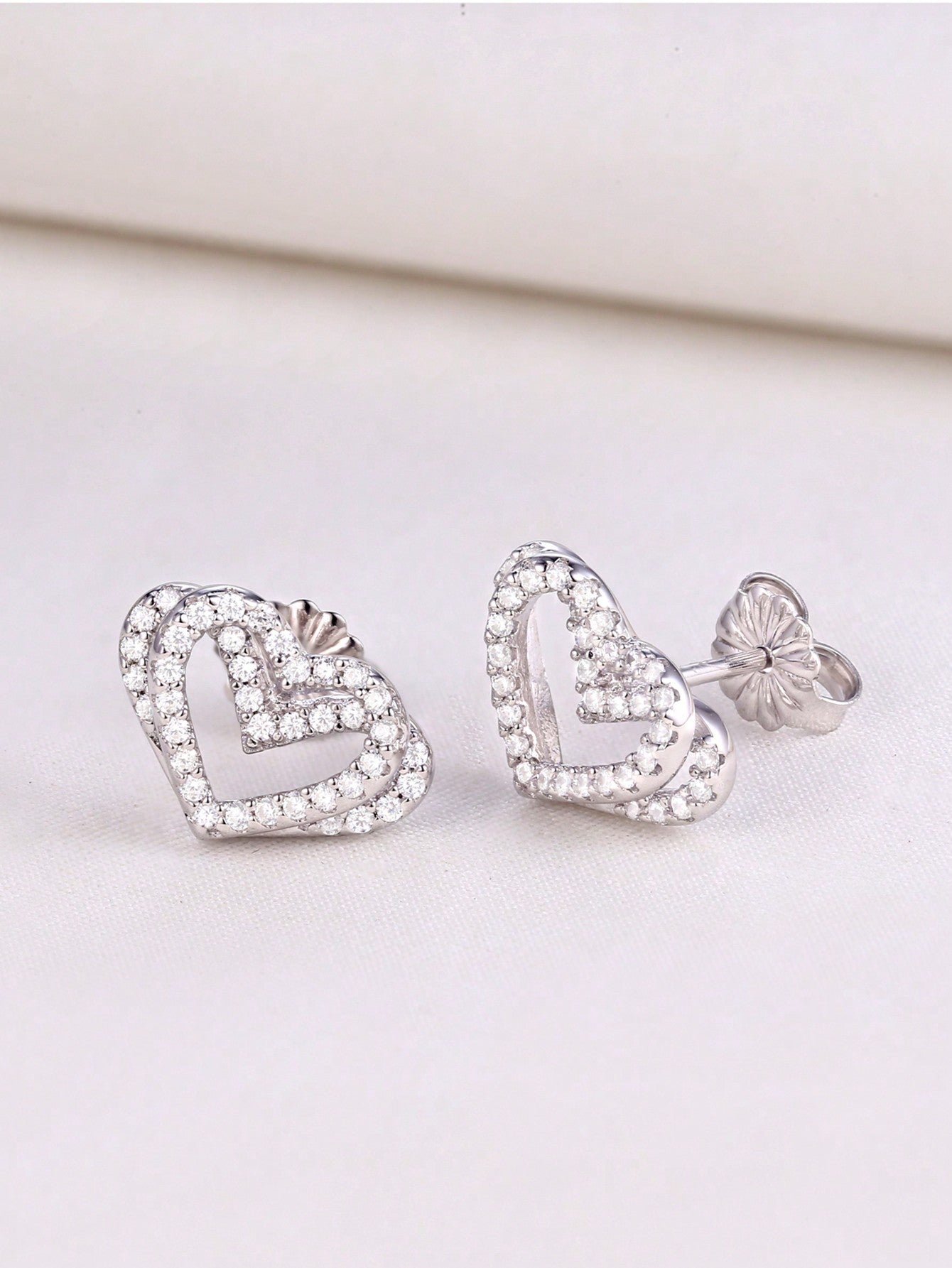 1 Pair Double Heart Shape 925 Sterling Silver Earrings For Women High Grade Cubic Zirconia Fine Jewelry Valentines Gift-Silver-1