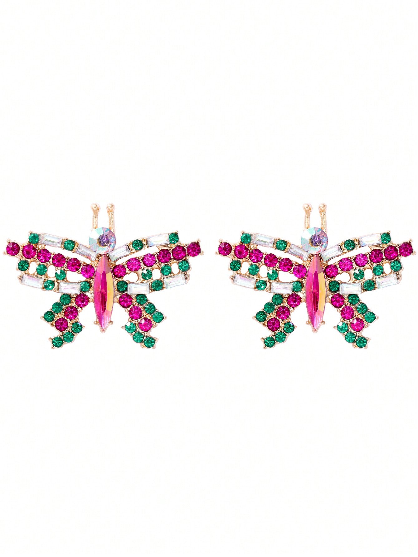 1pair Fashionable Butterfly Shaped Earrings With Rhinestone Decoration As Women's Gorgeous Jewelry For Dating Gift-Hot Pink-1