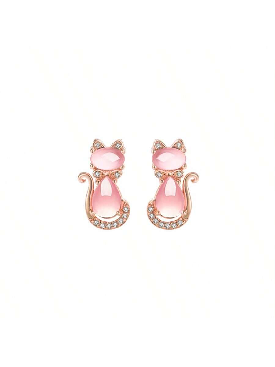 1 Pair Fashionable And Minimalist Pink Crystal Cute Cat Earrings For Girls, Daily Party Accessories, Holiday Gifts-Pink-1