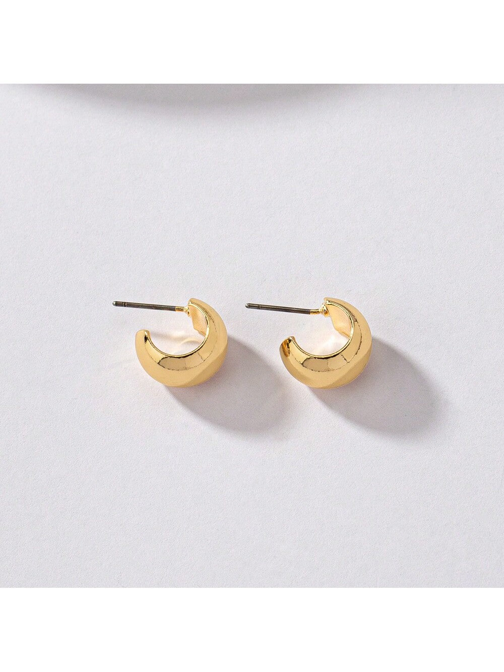 1pair Simple Copper C-Shaped Hoop Earrings With Drum Surface Design, Suitable For Women's Daily Wear-Gold-1