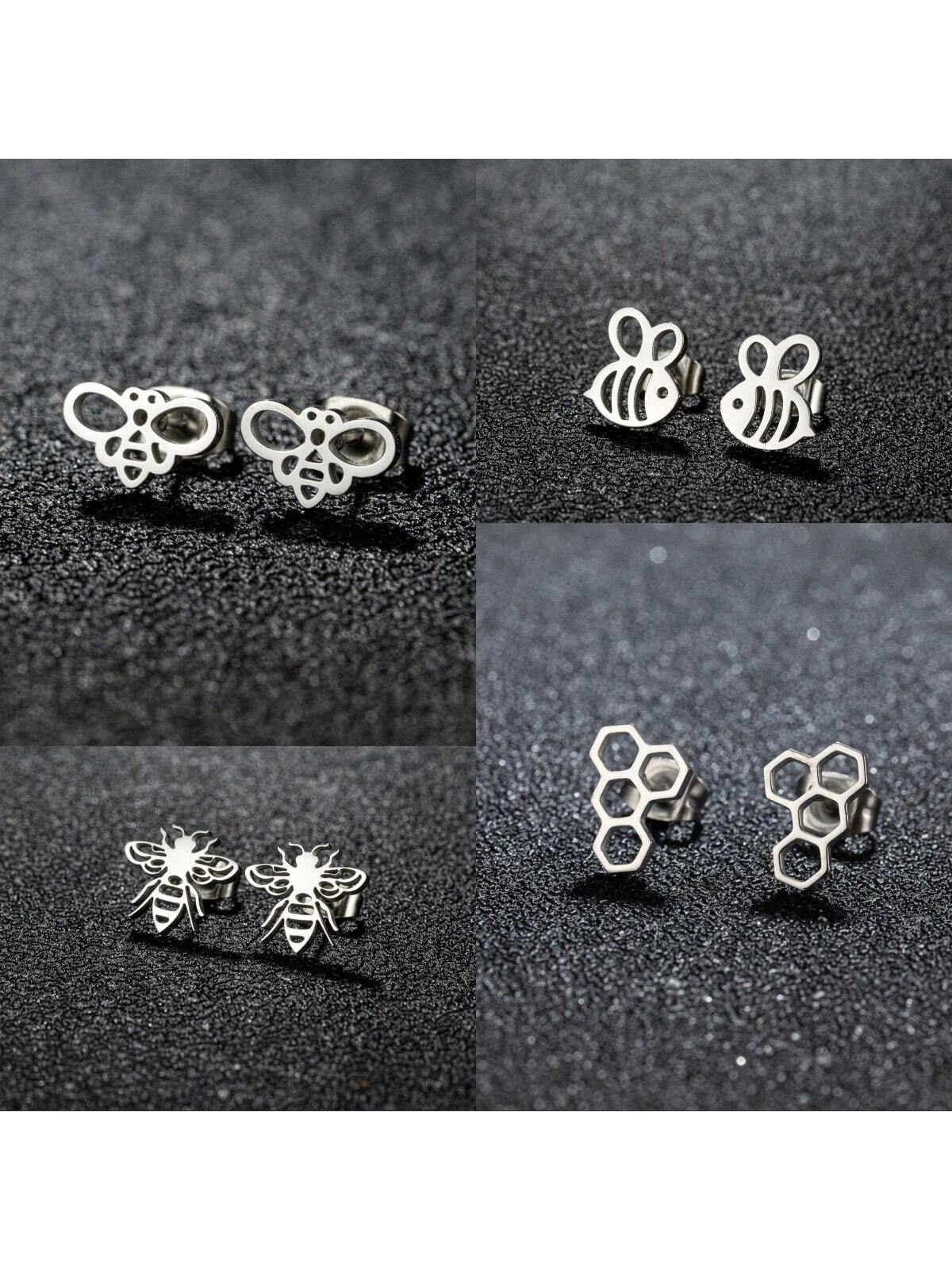 1Pair Small Bee Stud Earring Stainless Steel Mini Earrings For Women Girls Party Jewelry Gift-Silver-1