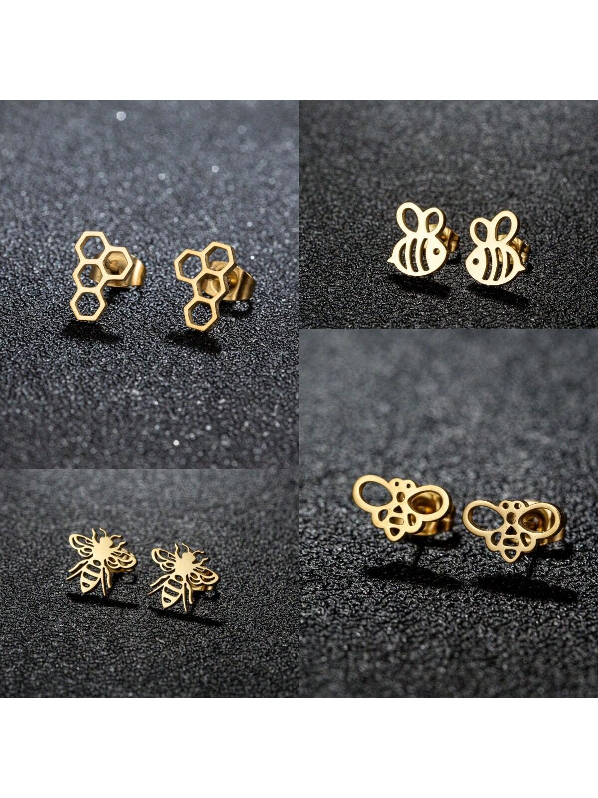 1Pair Small Bee Stud Earring Stainless Steel Mini Earrings For Women Girls Party Jewelry Gift-Gold-1