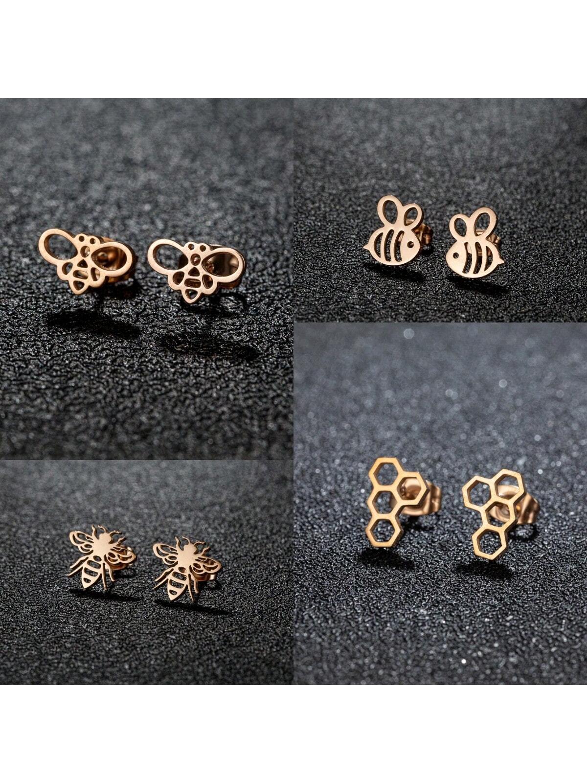 1Pair Small Bee Stud Earring Stainless Steel Mini Earrings For Women Girls Party Jewelry Gift-Rose Gold-1