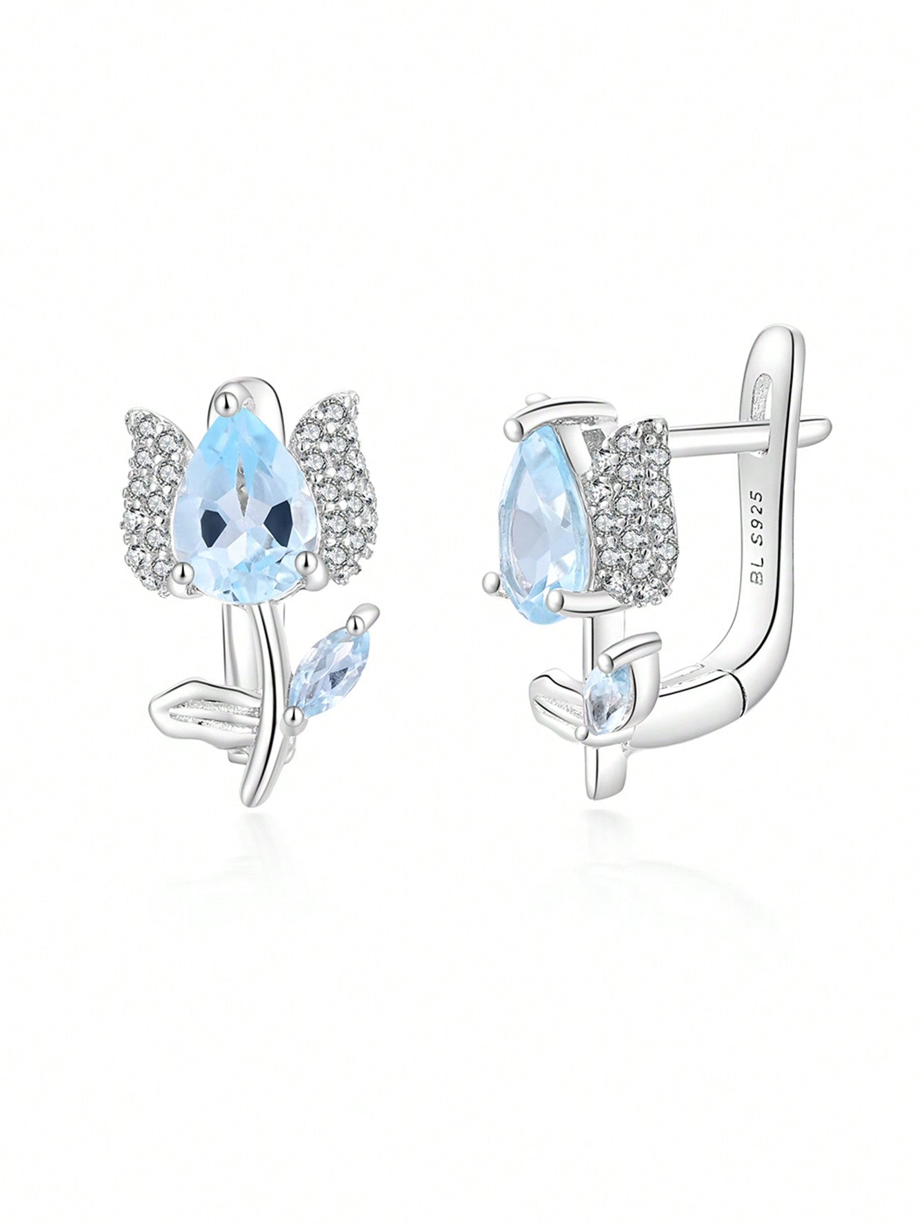 A Pair Fashion Flower Shape Design Natural Sky Blue Topaz Earring Fine Jewelry For Women And Girls Birthday & Daily Wear Gift-Blue-1