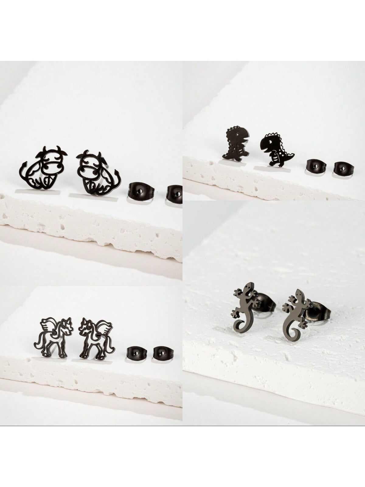 1 Pair Of Stainless Steel Animal Stud Earrings Fashion Lizard Dinosaur Cow Animal Stud Earrings Women's Wedding Party Jewelry-Black-1