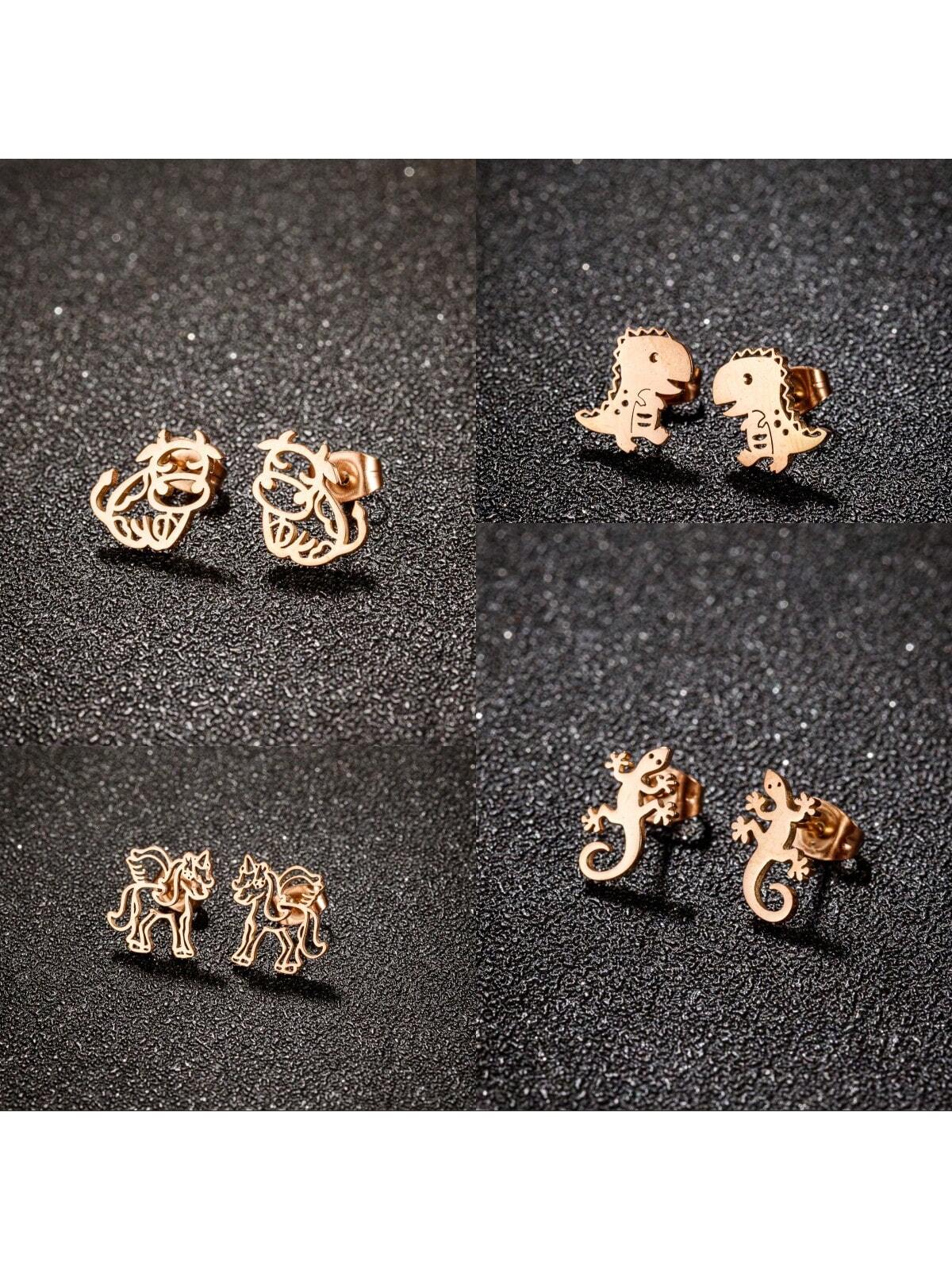 1 Pair Of Stainless Steel Animal Stud Earrings Fashion Lizard Dinosaur Cow Animal Stud Earrings Women's Wedding Party Jewelry-Rose Gold-1