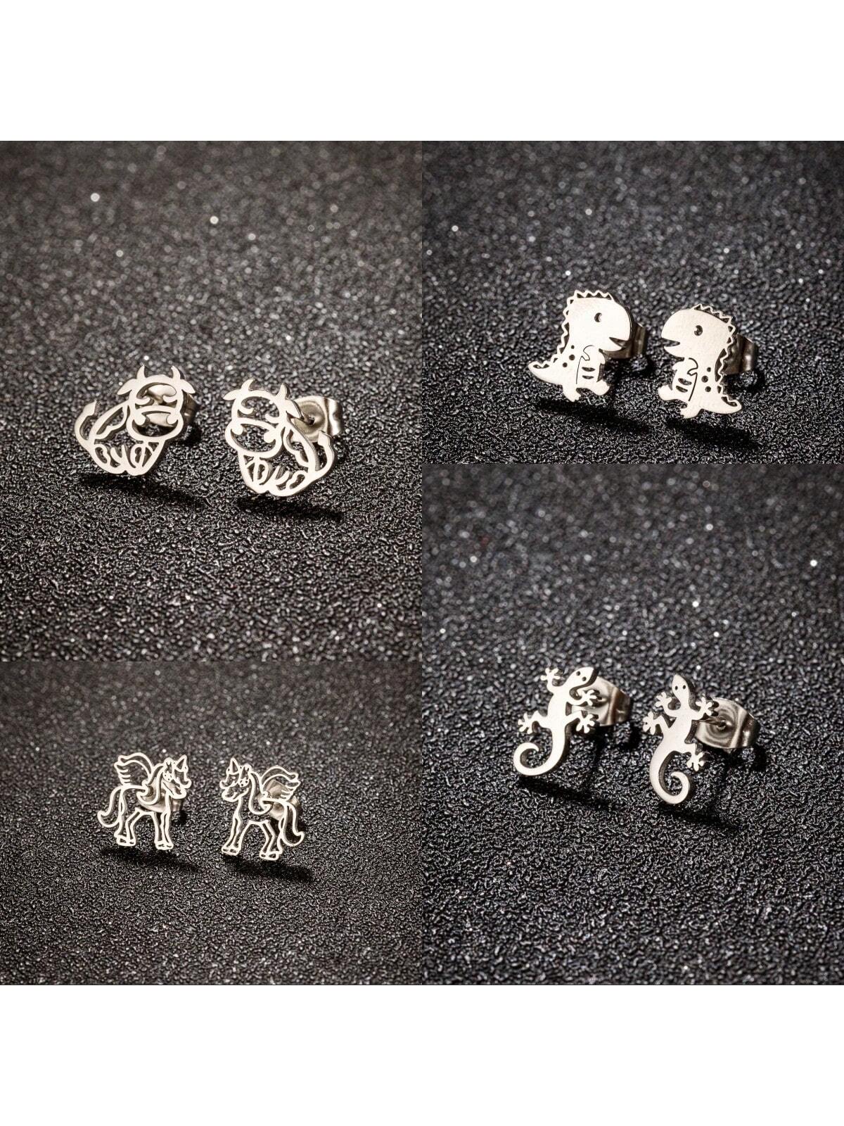 1 Pair Of Stainless Steel Animal Stud Earrings Fashion Lizard Dinosaur Cow Animal Stud Earrings Women's Wedding Party Jewelry-Silver-1