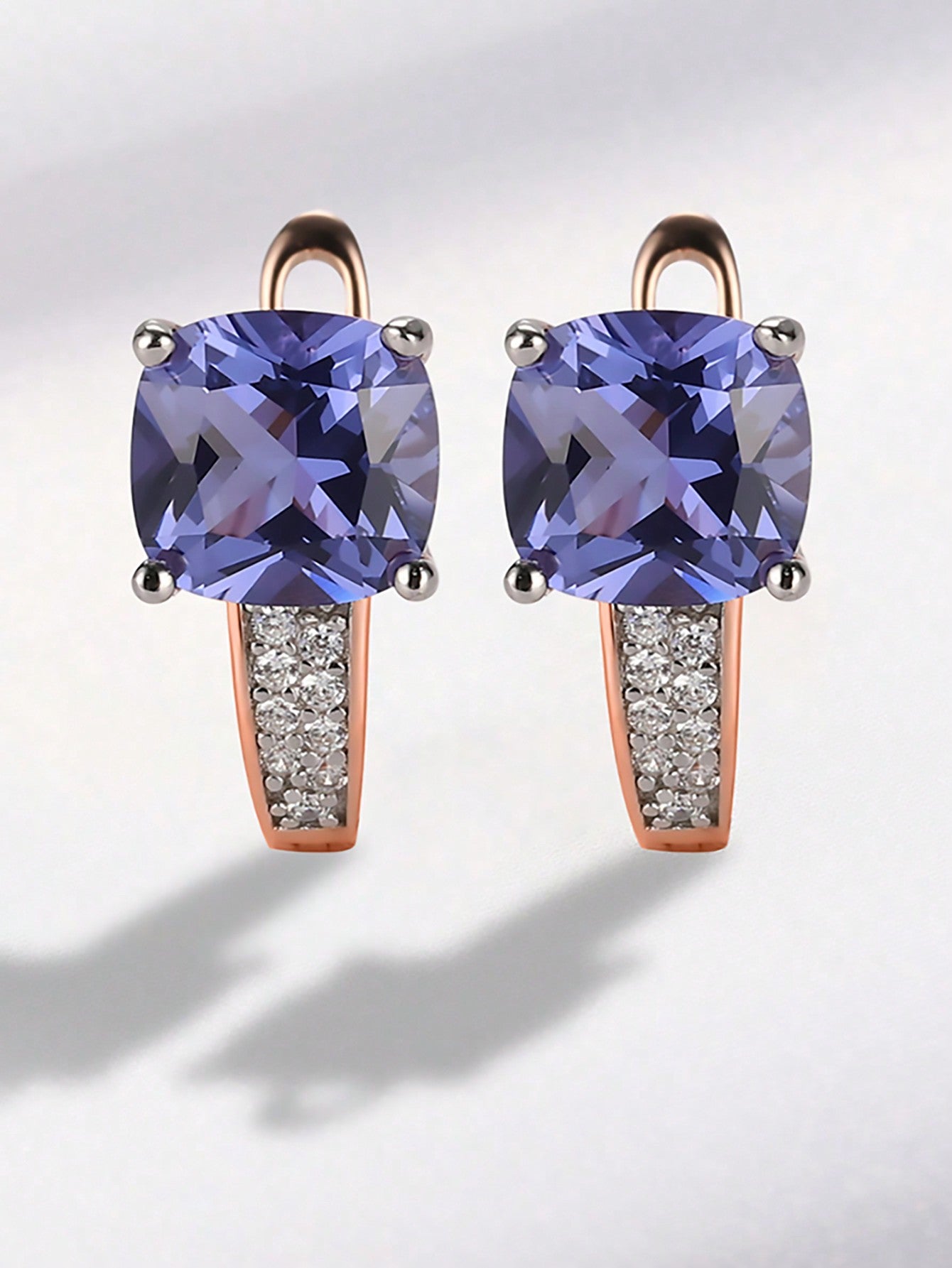 1pc 2024 New Fashion 925 Silver Plated Nanometer Tanzanite Blue & Rose Gold With Natural Stone Design Earrings-Rose Gold-1