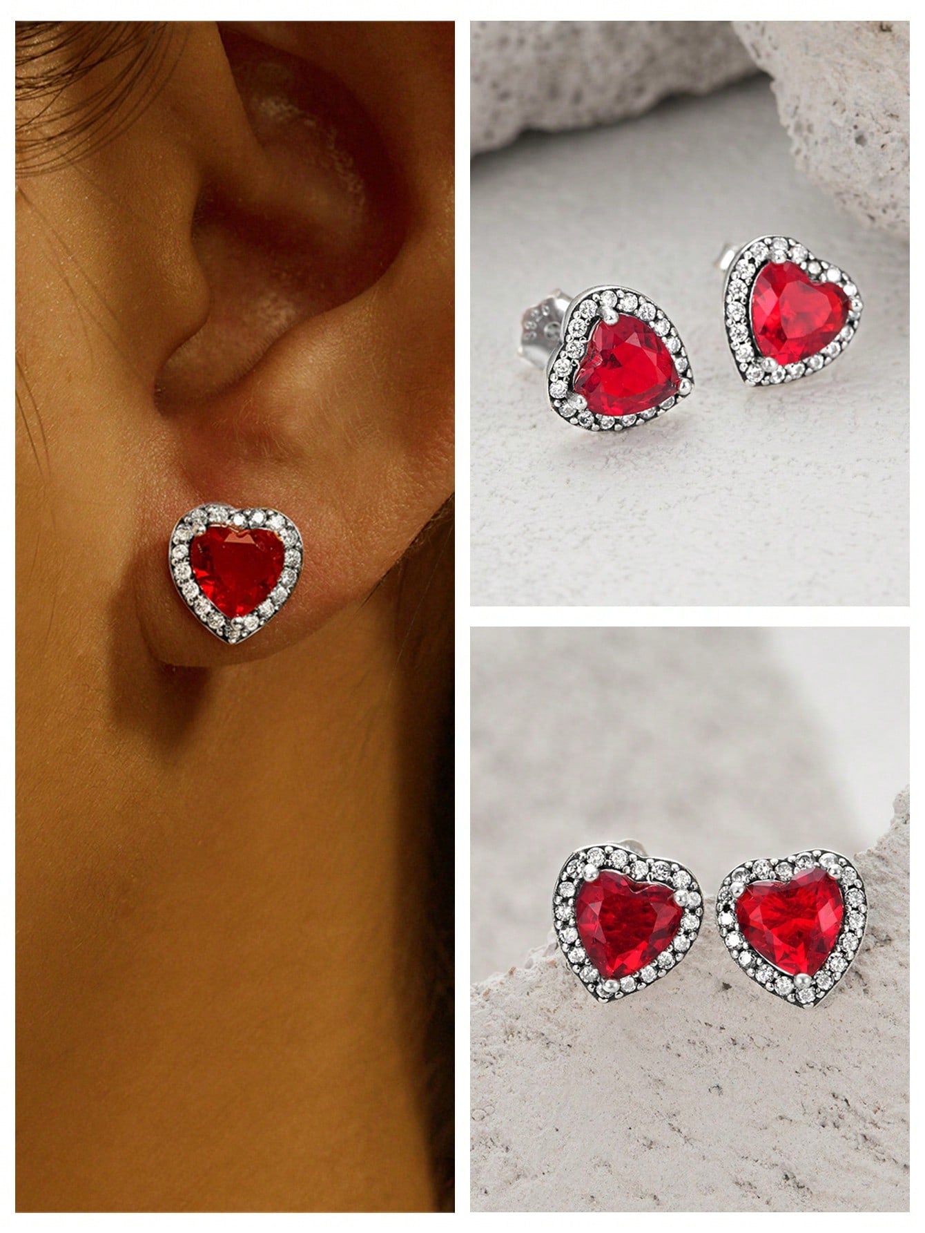 1 Pair 925 Sterling Silver Red Heart Earring For Women Trendy  Stud Earring 18K Gold Plated  Suitable For Lover Valentine'S Day Fine Jewelry-Silver-1