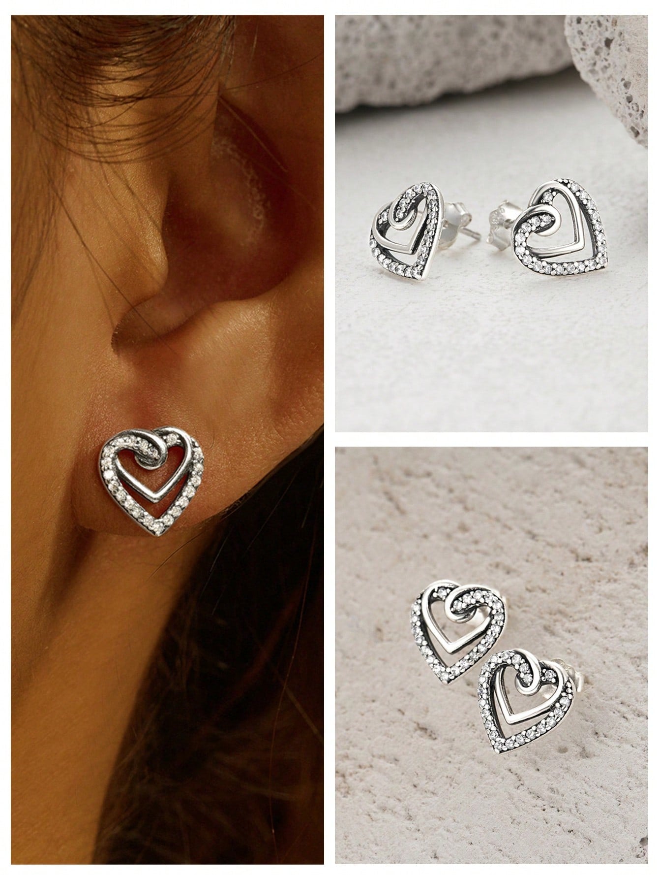 1 Pair 925 Sterling Silver Doubel Heart Earring For Women Trendy  Stud Earring 18K Gold Plated  Suitable For Lover Valentine'S Day Fine Jewelry-Silver-1