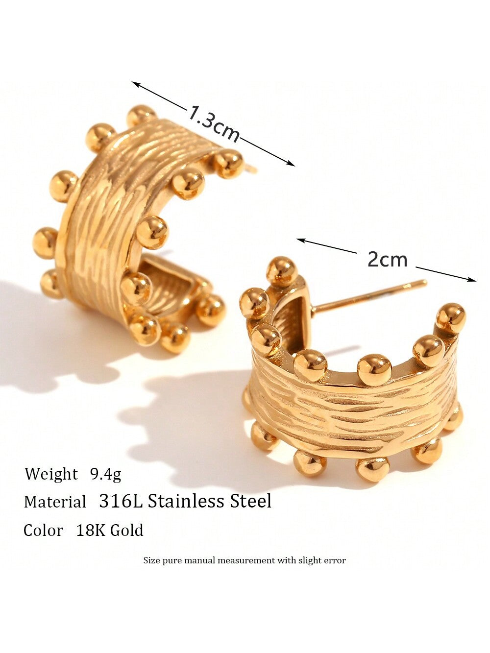 2pcs/Set Fashionable Minimalist Stainless Steel 18k Gold Plated Double Sided Small Ball Brushed Hoop Earrings-Gold-1