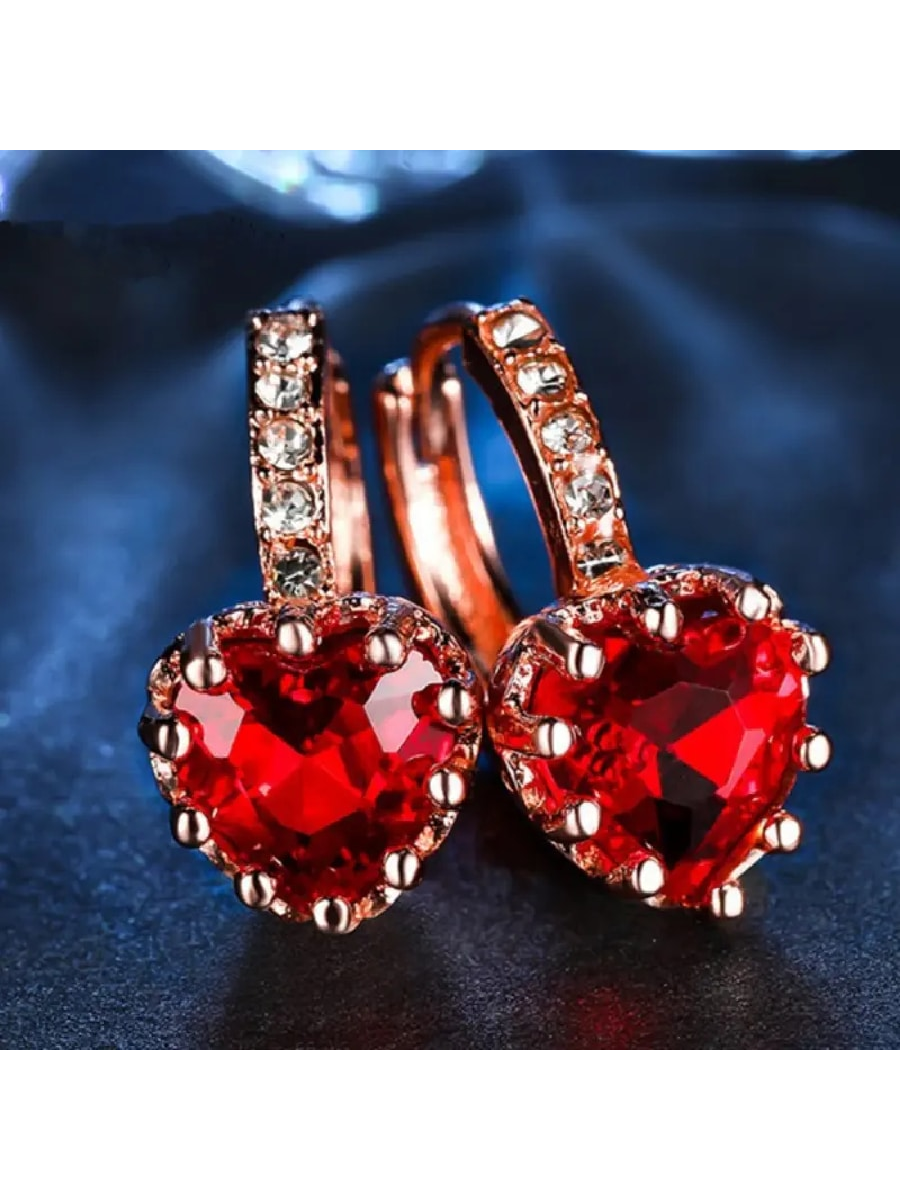 2pcs Sparkling Colorful Heart  Inlaid Hoop Earrings Copper Jewelry Elegant Luxury Style Valentine's Day Gift-Red-1