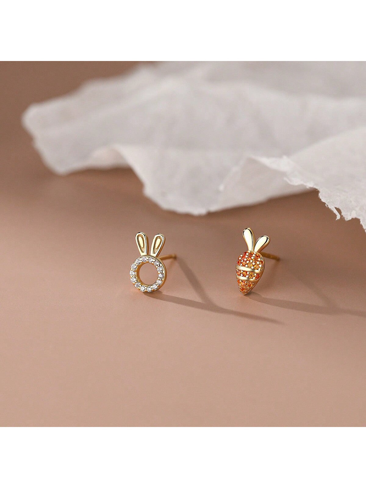 1pair Asymmetrical Easter Design Rhinestone Bunny & Carrot Stud Earrings-Yellow Gold-1