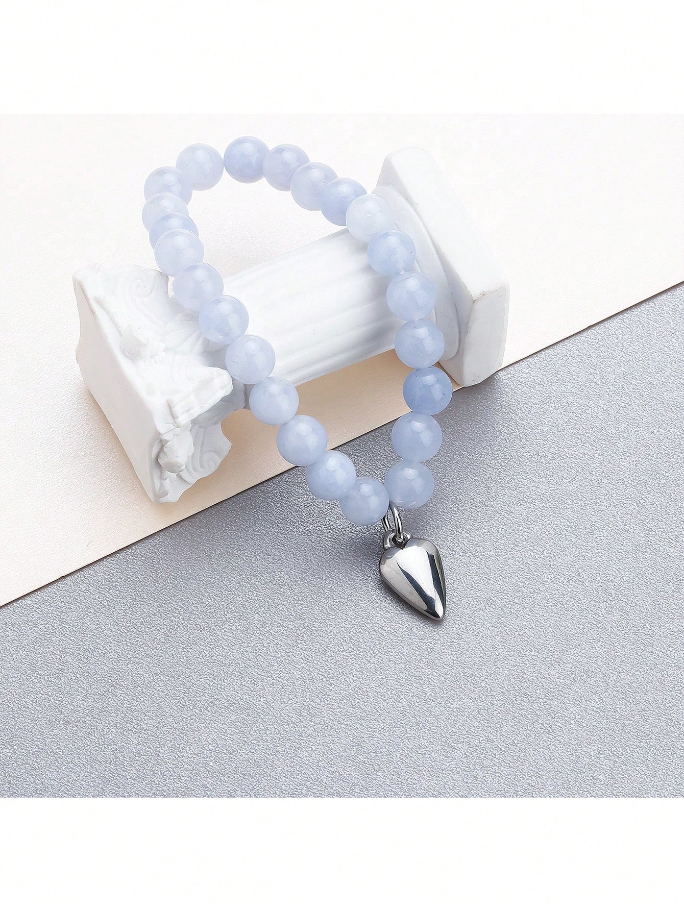 Stainless Steel Heart Pendant 8mm Blue Sea Sediment Beads Elastic Bracelet-Baby Blue-1