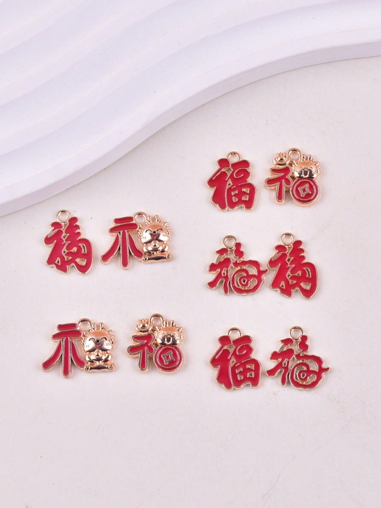 10pcs/Pack Chinese Style Alloy 'fu' Written Diy Jewelry Oil Drip Pendant For Earrings & Necklace-Red-1