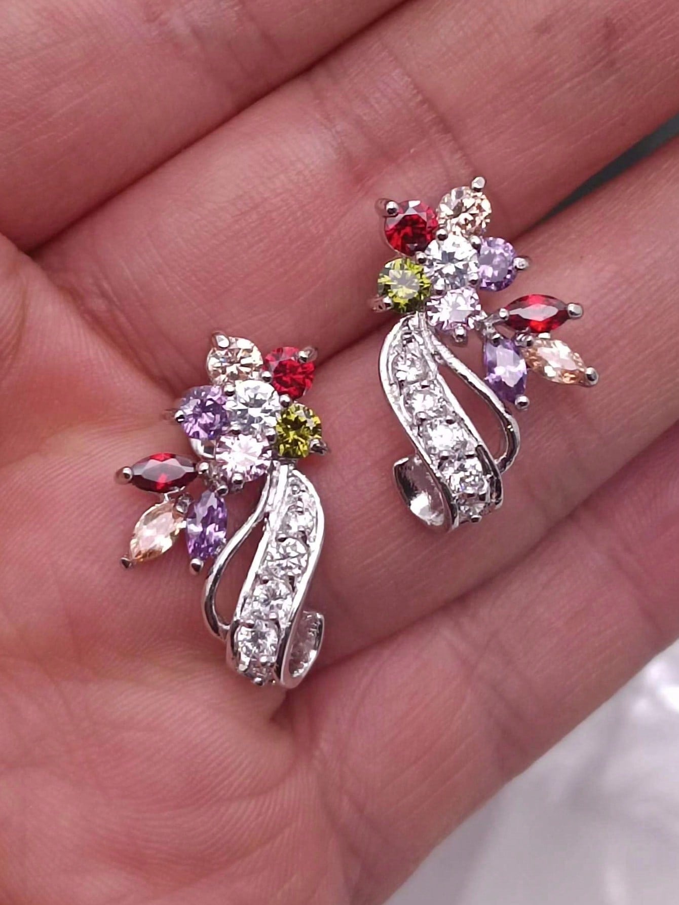 1 Pair Multi Color  Stone Fashion Stud Earrings For Woman-Silver-1