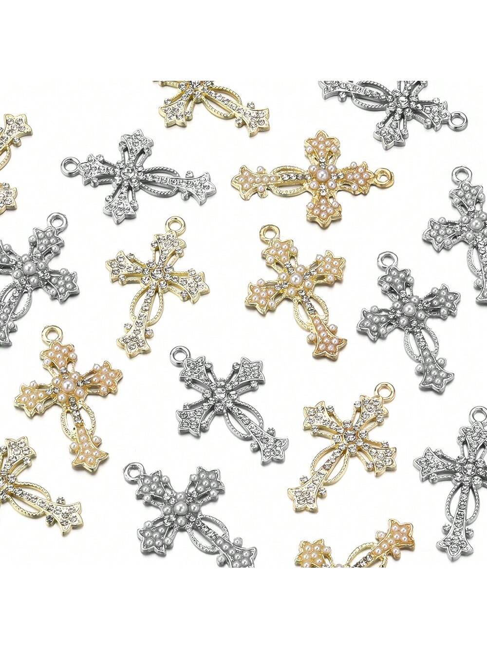 10pcs Alloy & Rhinestone Decor Cross Shaped Diy Jewelry Pendant, Accessory For Jewelry Making--1