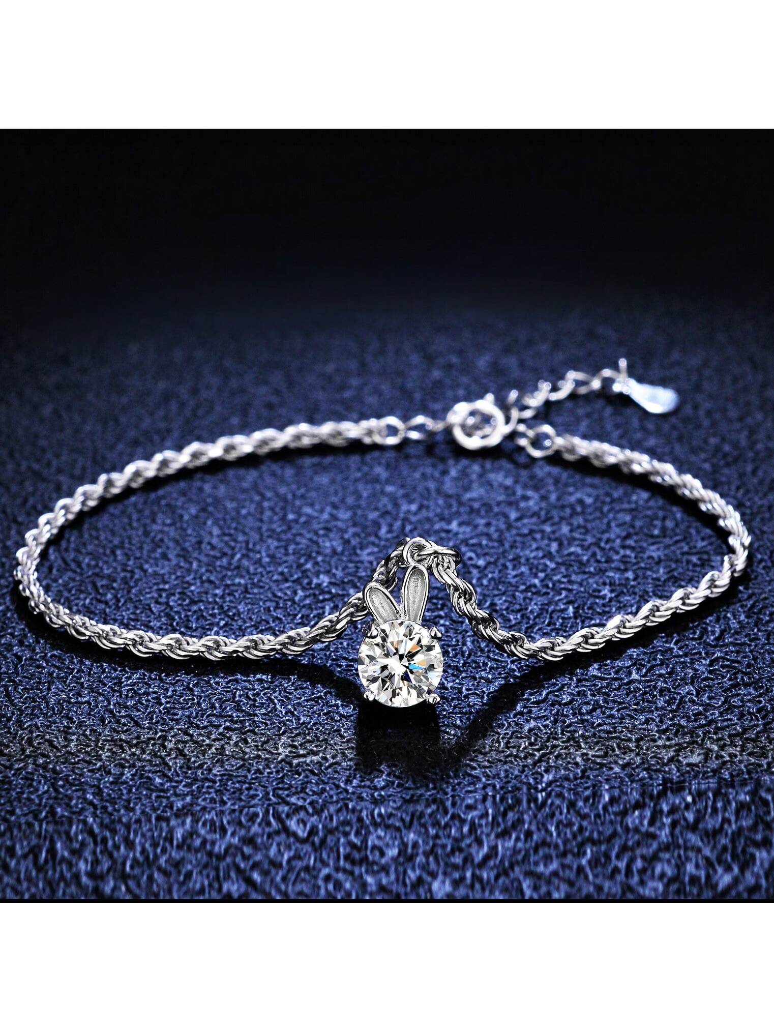 Fashionable Cute Rabbit Design High-End Luxury 1 Carat Diamond D Color Vvs1 Moissanite S925 Silver Round Cut Women's Adjustable Bracelet, Anniversary Celebration Wedding Birthday Gift With Gift Box--1