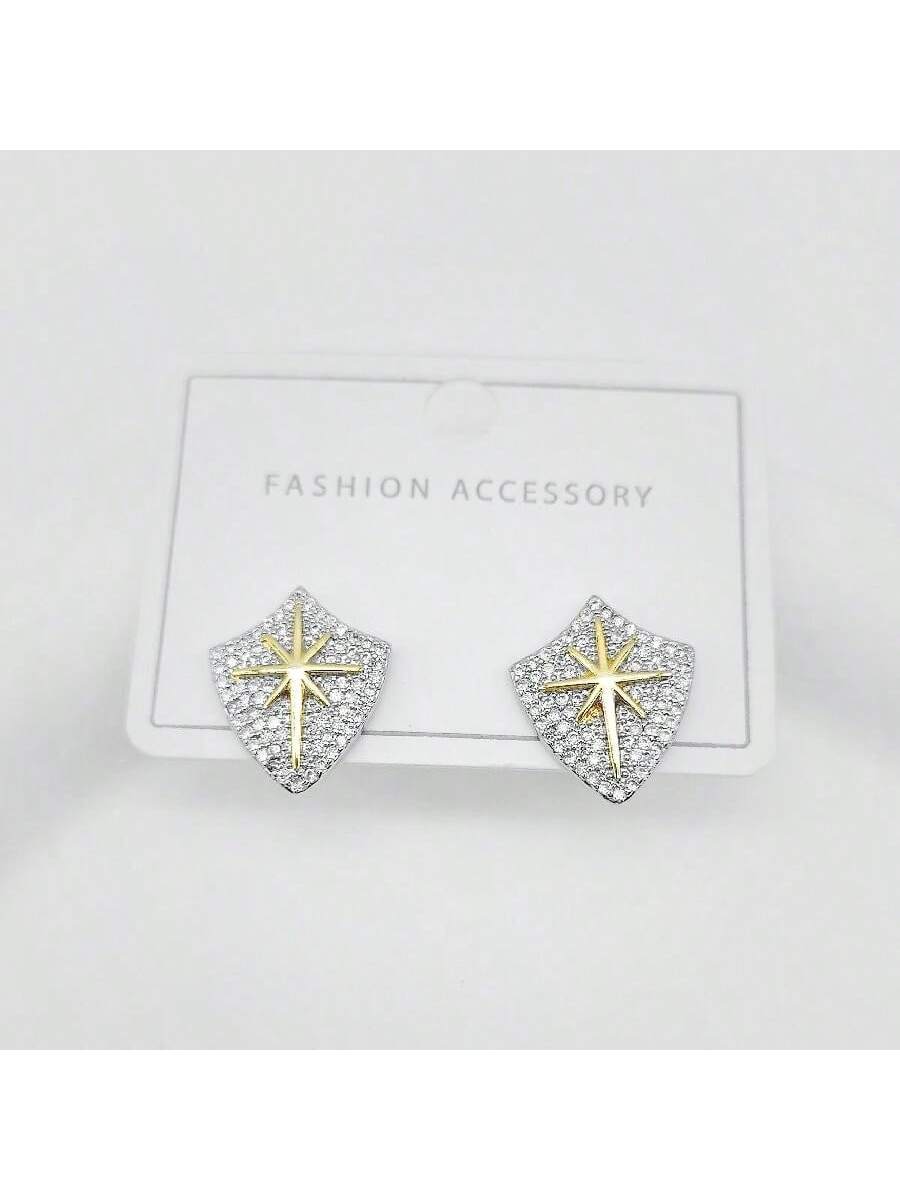 1pair Fashionable And Delicate Earrings Made Of Palladium, Copper And Silver With Rhombus, Star, Flower, Lightning Bolt, Heart Shaped, Gold And Silver Two Colors, Suitable For Women's Daily Wear, New Arrival-Silver-1