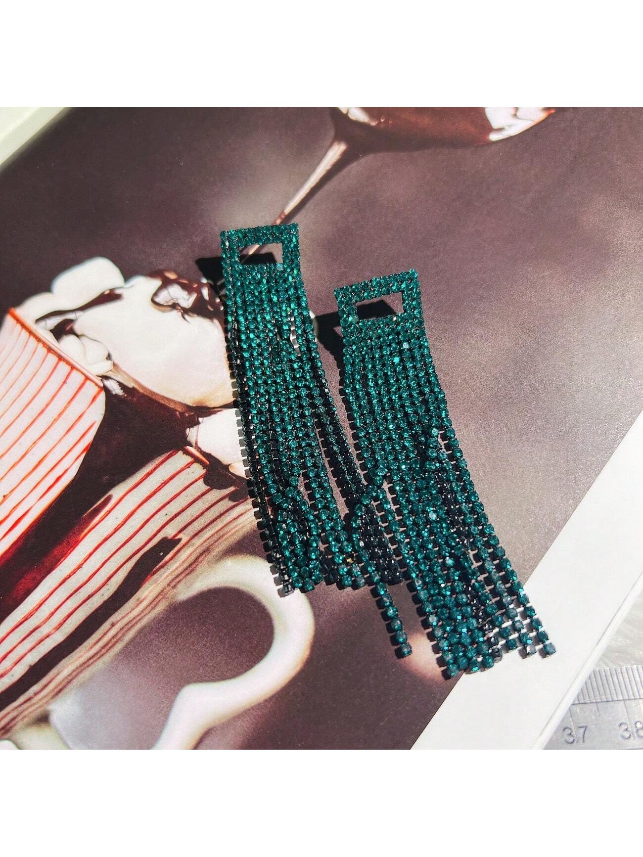 1pair Multicolor Rhinestone Tassel Earrings Suitable For Women To Match Daily Wear, Festival, Wedding-Dark Green-1