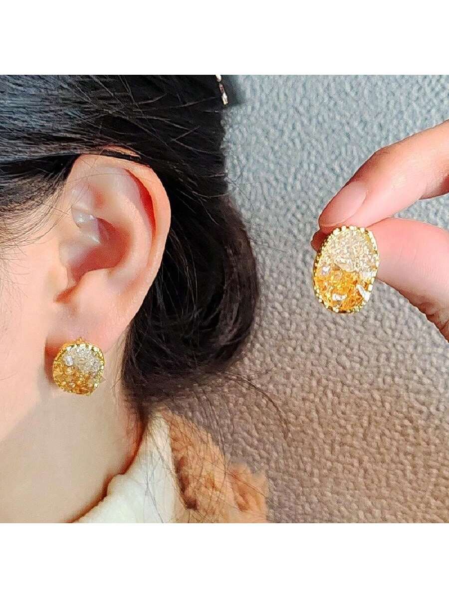 1Pair Women's Geometric Ellipses Citrine Earrings Fashion Gradient Color Diamond Earrings-Champagne-1