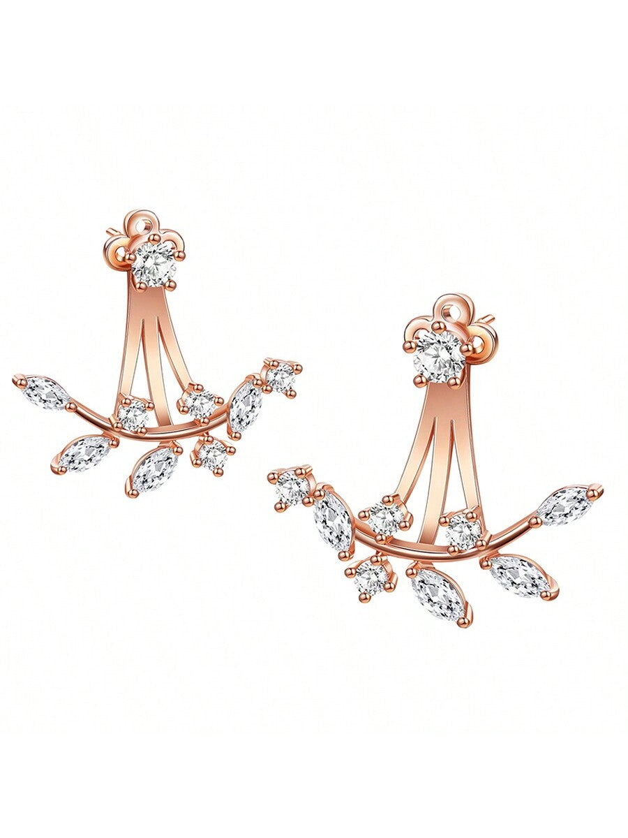 Women's Earrings, Flower Stud Cubic Zirconia Cuff Earrings 2 In 1, Hypoallergenic Elegant Fashionable Earrings For Daily Wear Birthday Gift-Rose Gold-1