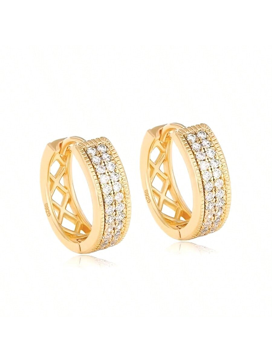 Hypoallergenic Geometric Double Row Cz Hoop Earrings For Women - Minimalist Design, Fashionable Choice For Daily Wear And Birthday Gift-Yellow Gold-1