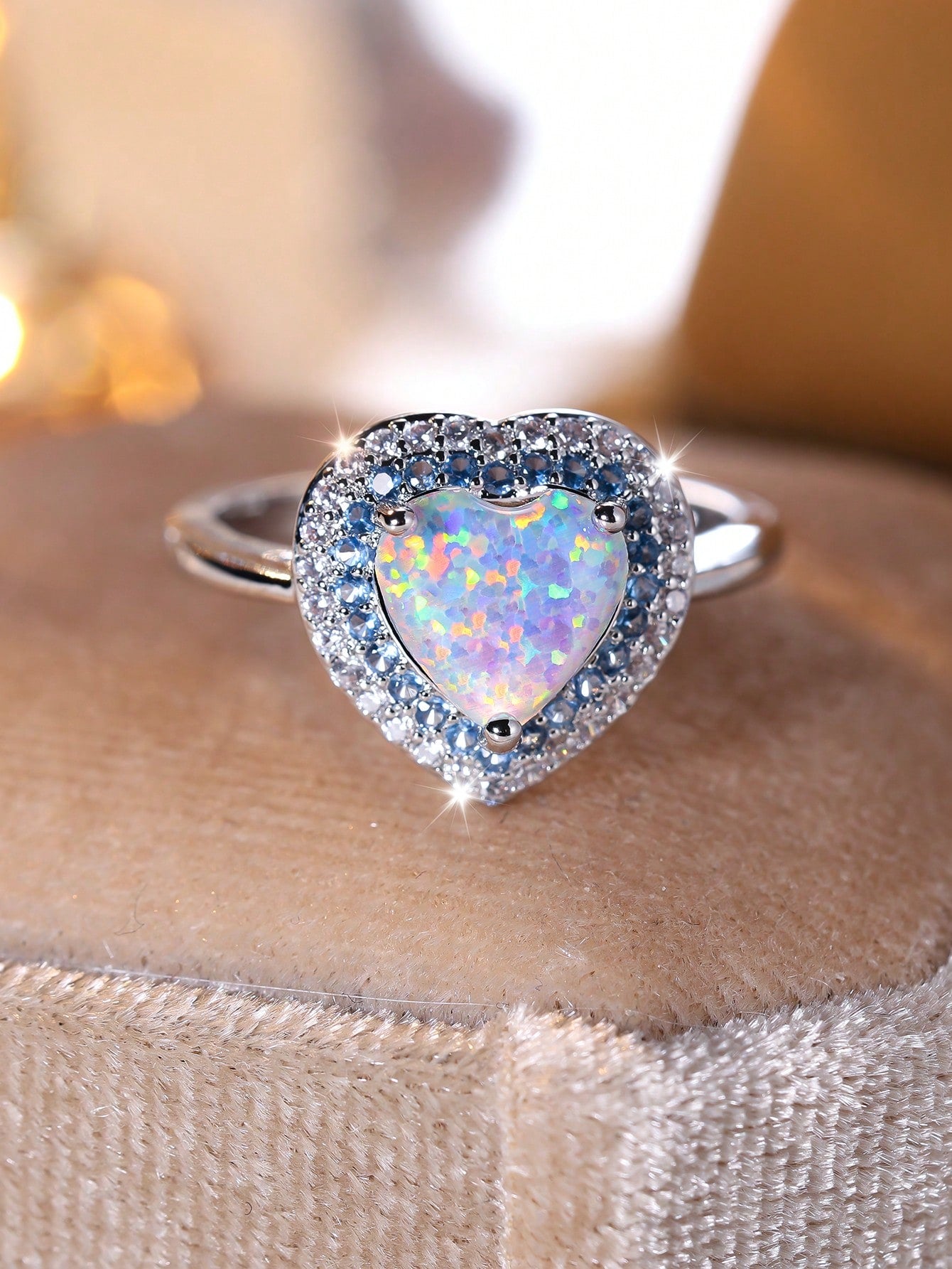 1pc Elegant Heart Shaped White Opal Micro-Inlaid White And Blue Cubic Zirconia Women's Ring, Silver Plated, For Wedding, Daily Wear--1