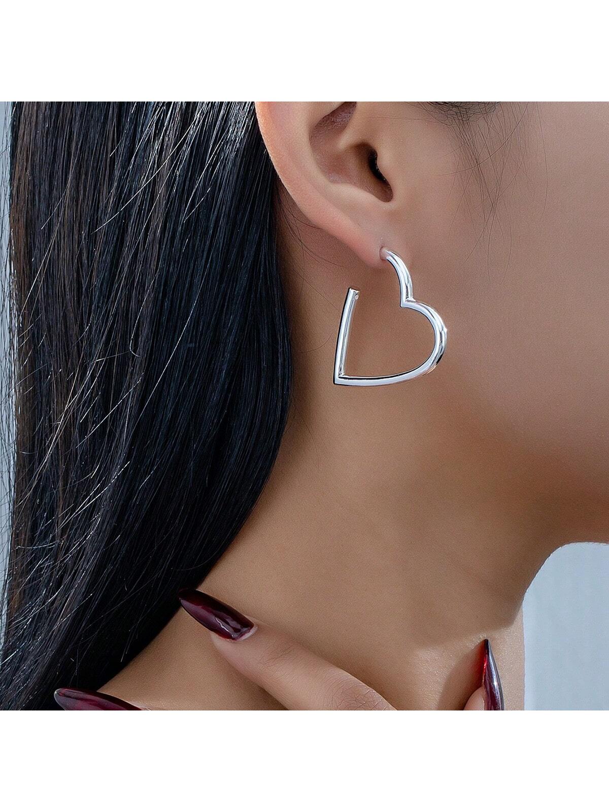 1pair Fashion Simple Temperament Heart-Shaped Earrings For Valentine's Day, Suitable For Women's Holiday Wearing-Silver-1